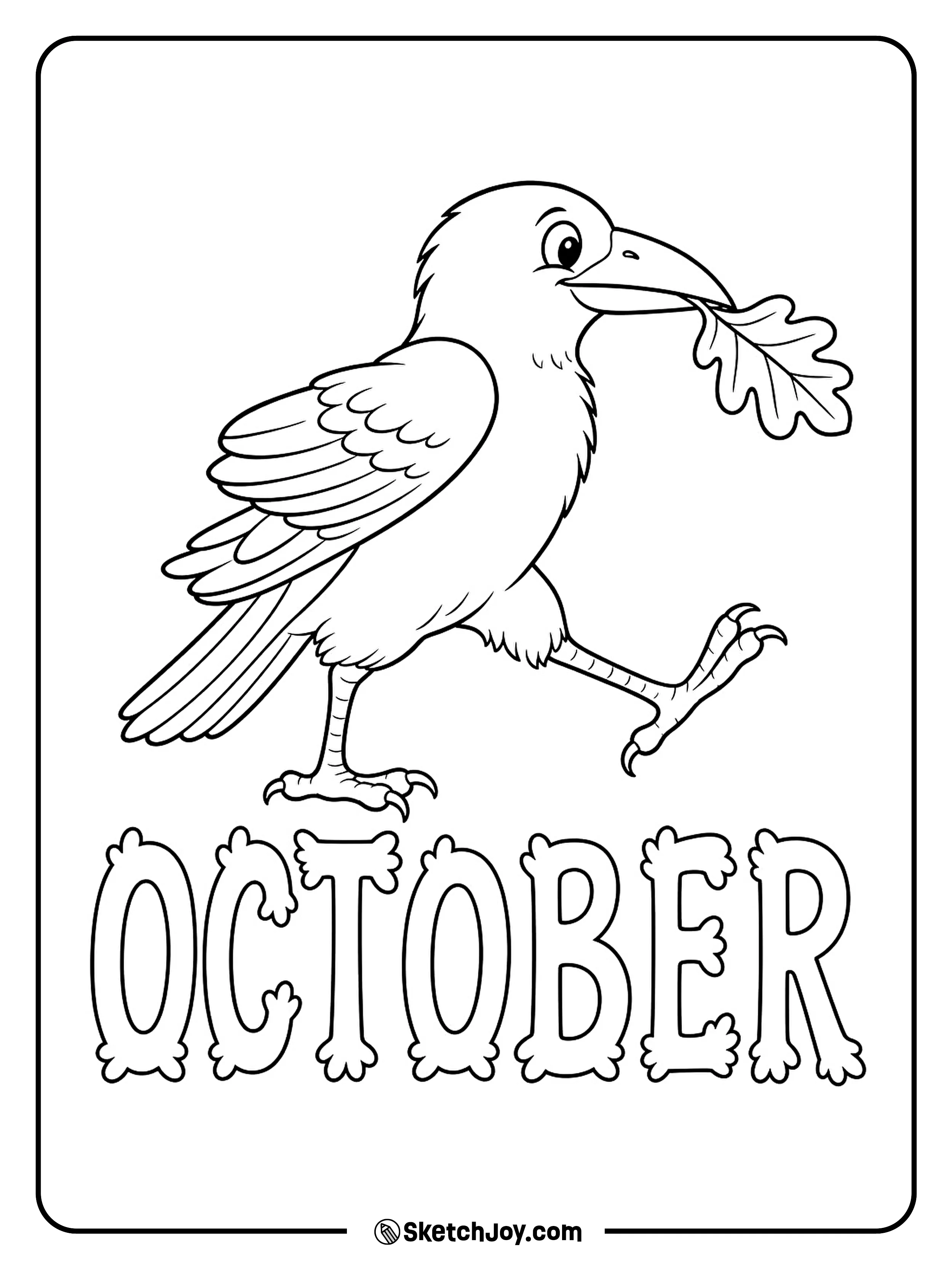 A cheerful crow takes a long step while holding an oak leaf in its beak.