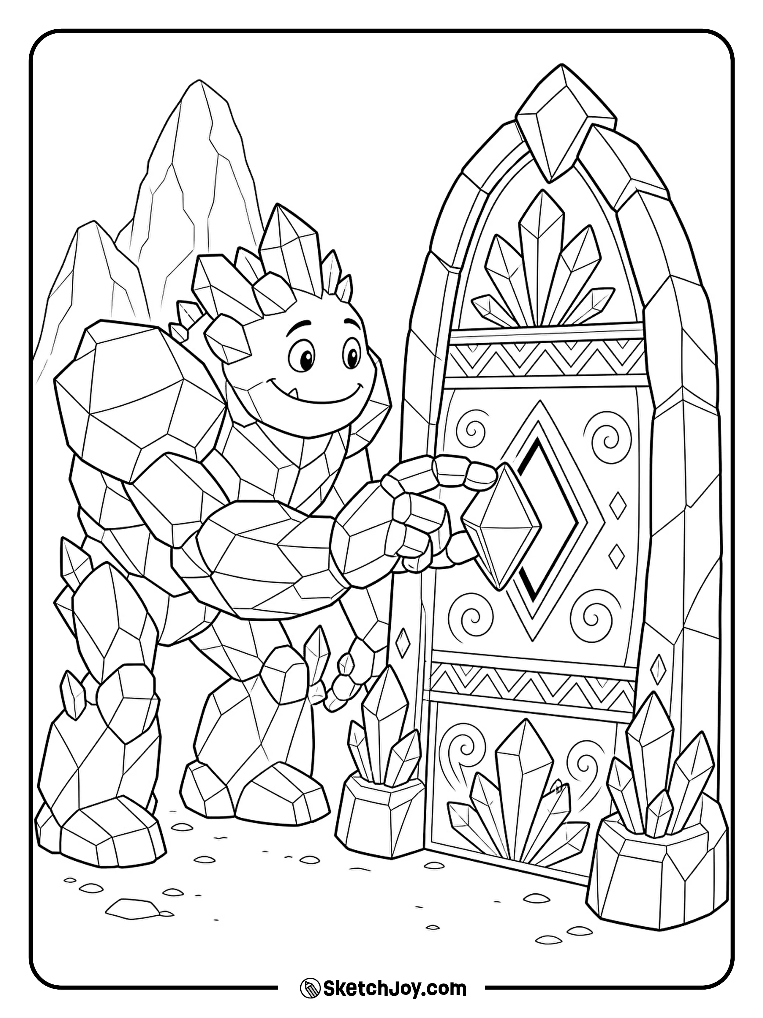 A crystal monster fits a large gem into the lock of a stone gate.