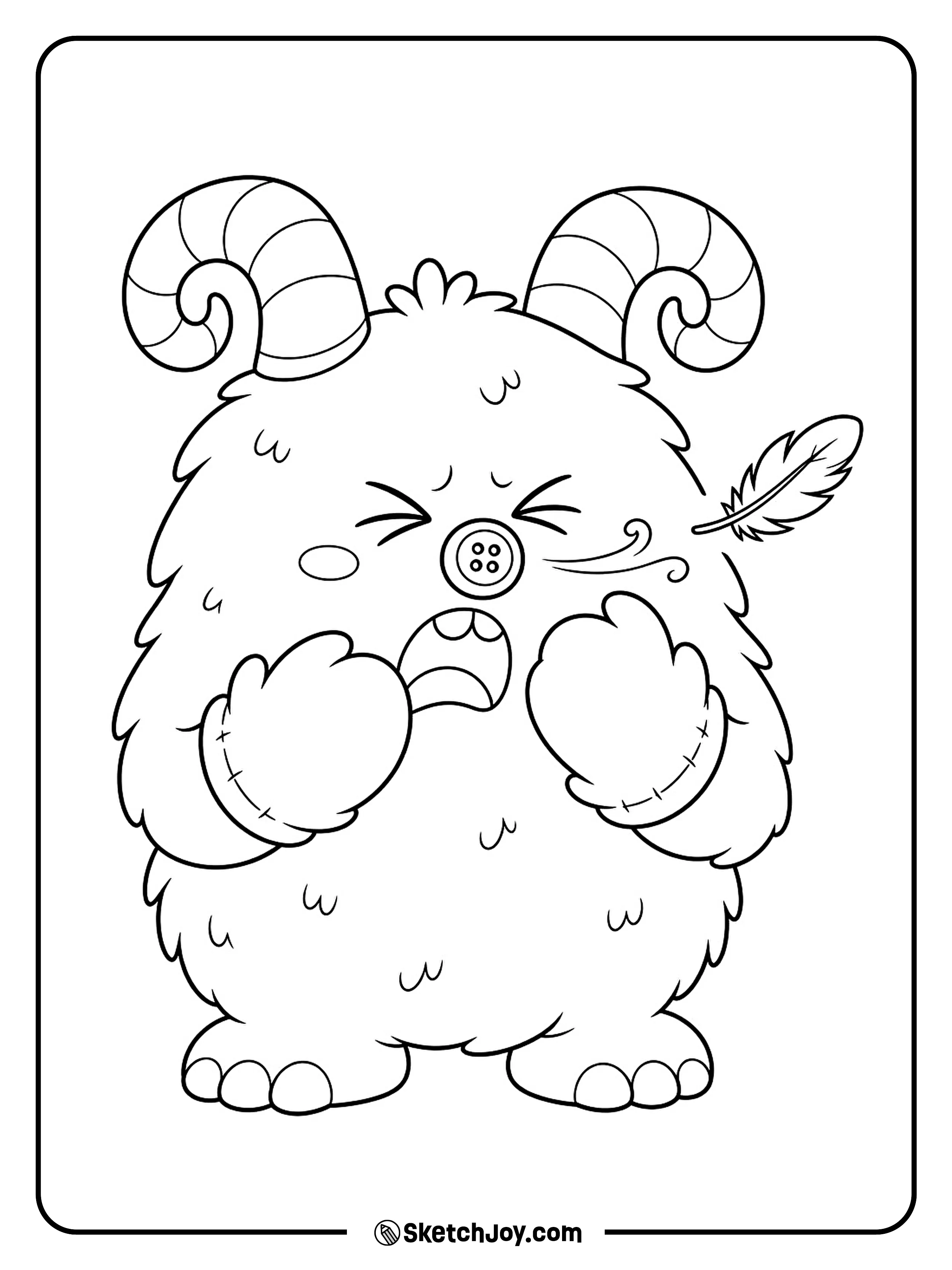 A fluffy monster sneezes as a loose feather floats past its nose.