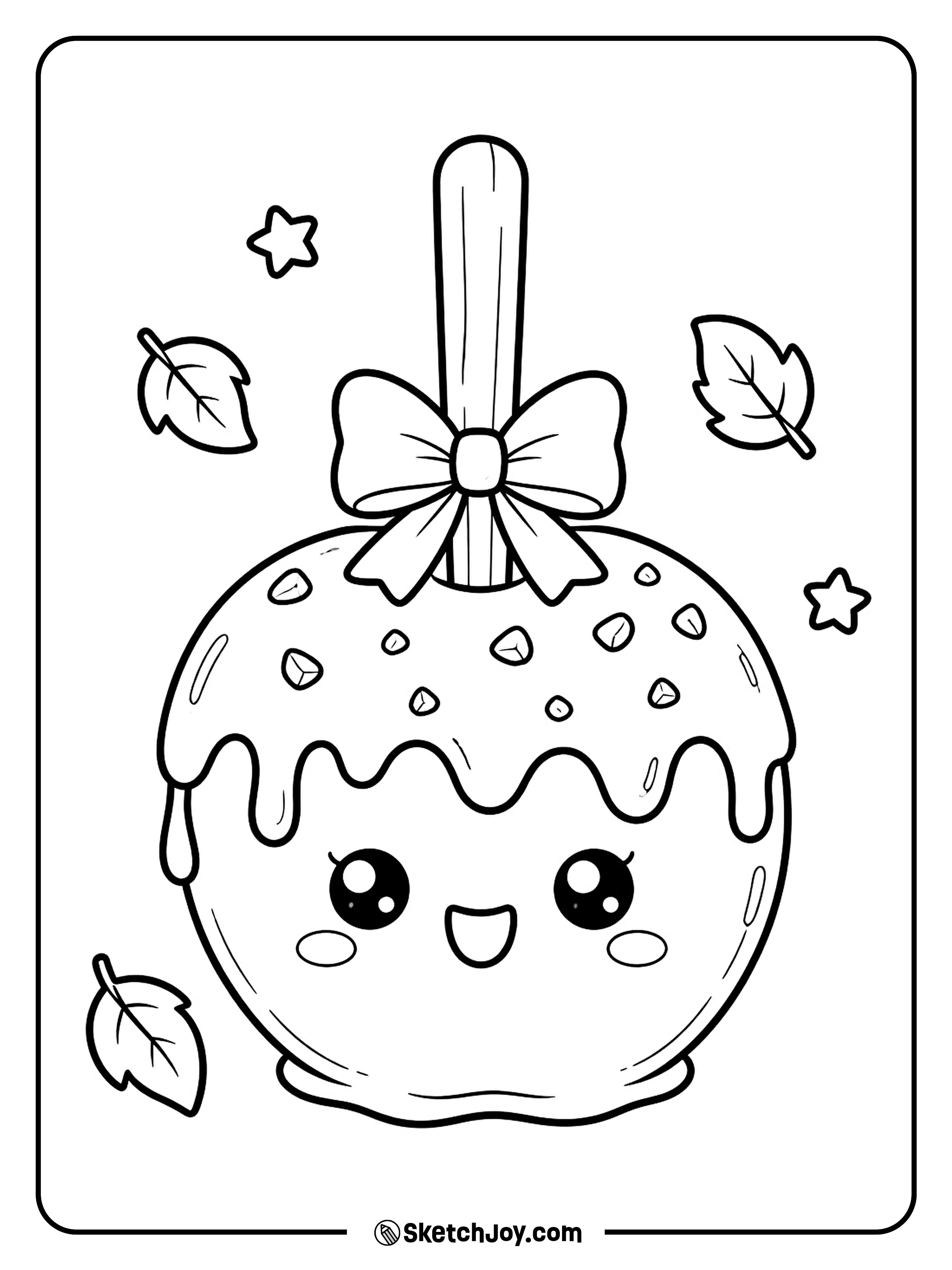 A smiling caramel apple is topped with nuts and a tiny autumn bow.