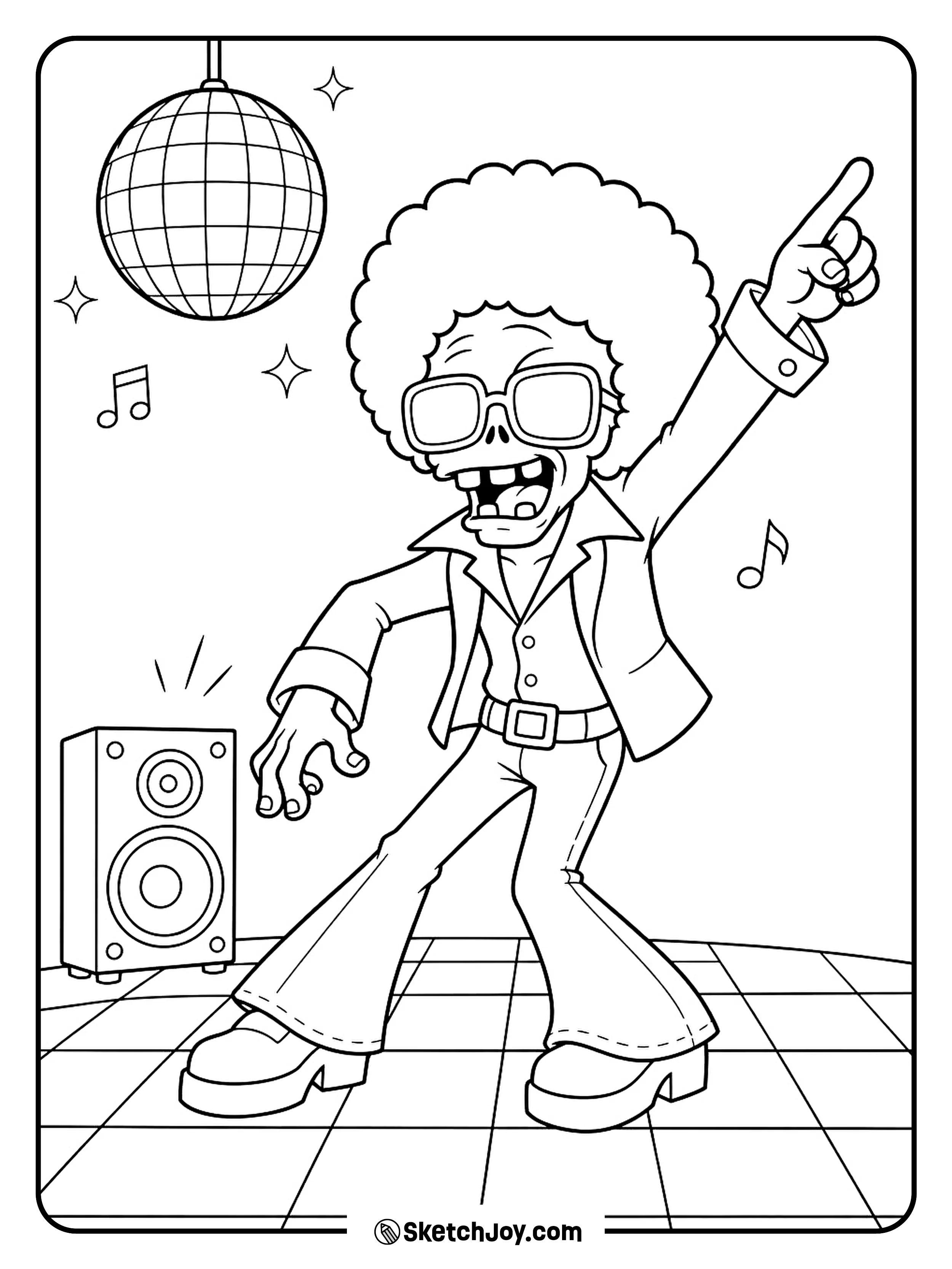 Dancing Zombie slides one heel across the floor beneath a small disco ball.