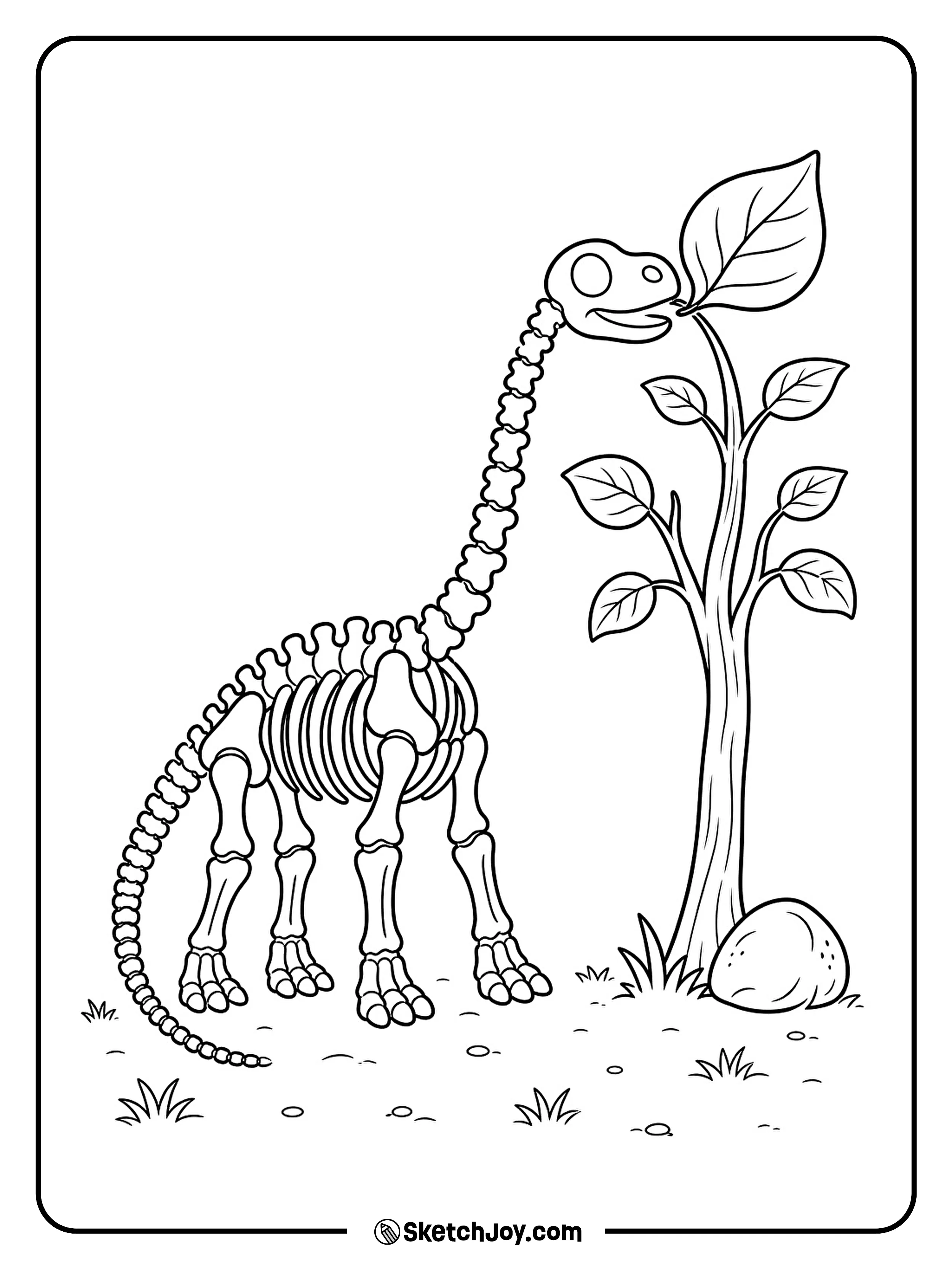 A dinosaur skeleton stretches its long neck toward one leaf at the top of a tree.