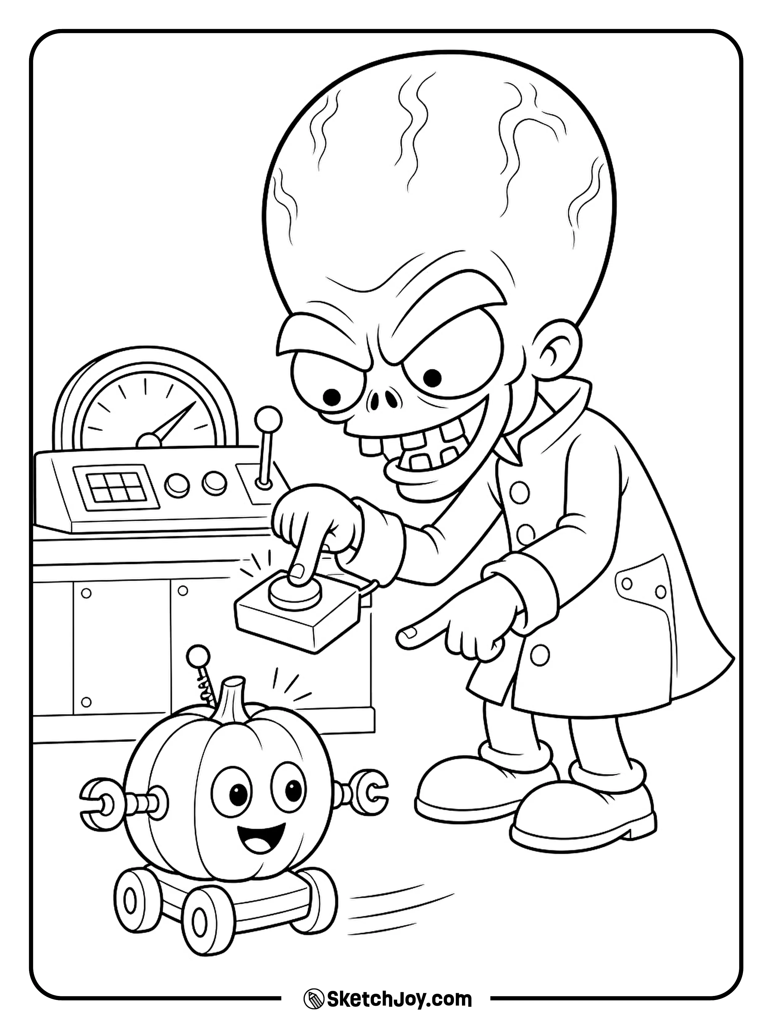 Dr. Zomboss presses a remote button to send a tiny pumpkin robot rolling.