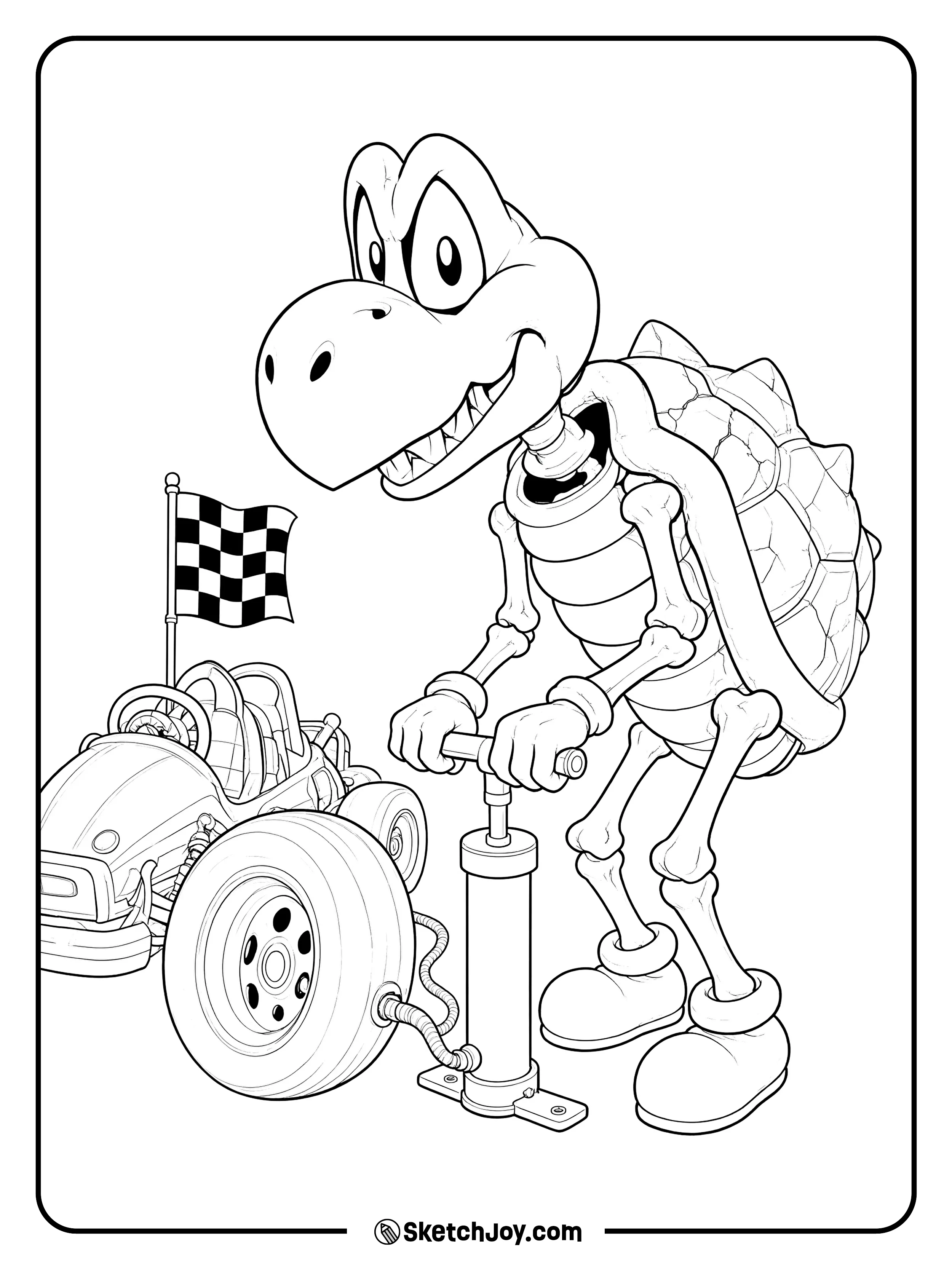 Dry Bones pumps air into a kart tire beside a small checkered flag.