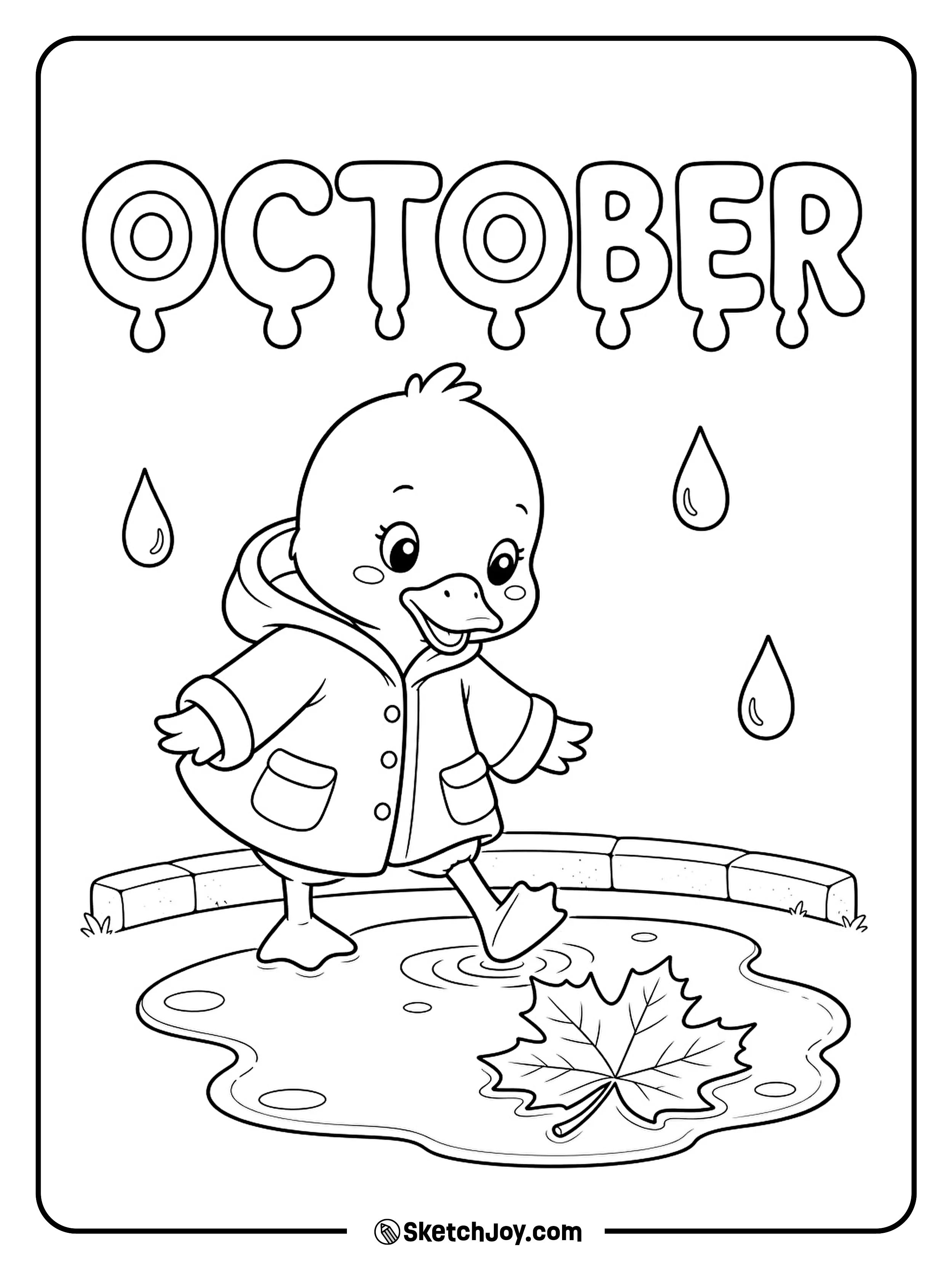 A duck in a raincoat touches a puddle with one foot and watches a leaf spin.