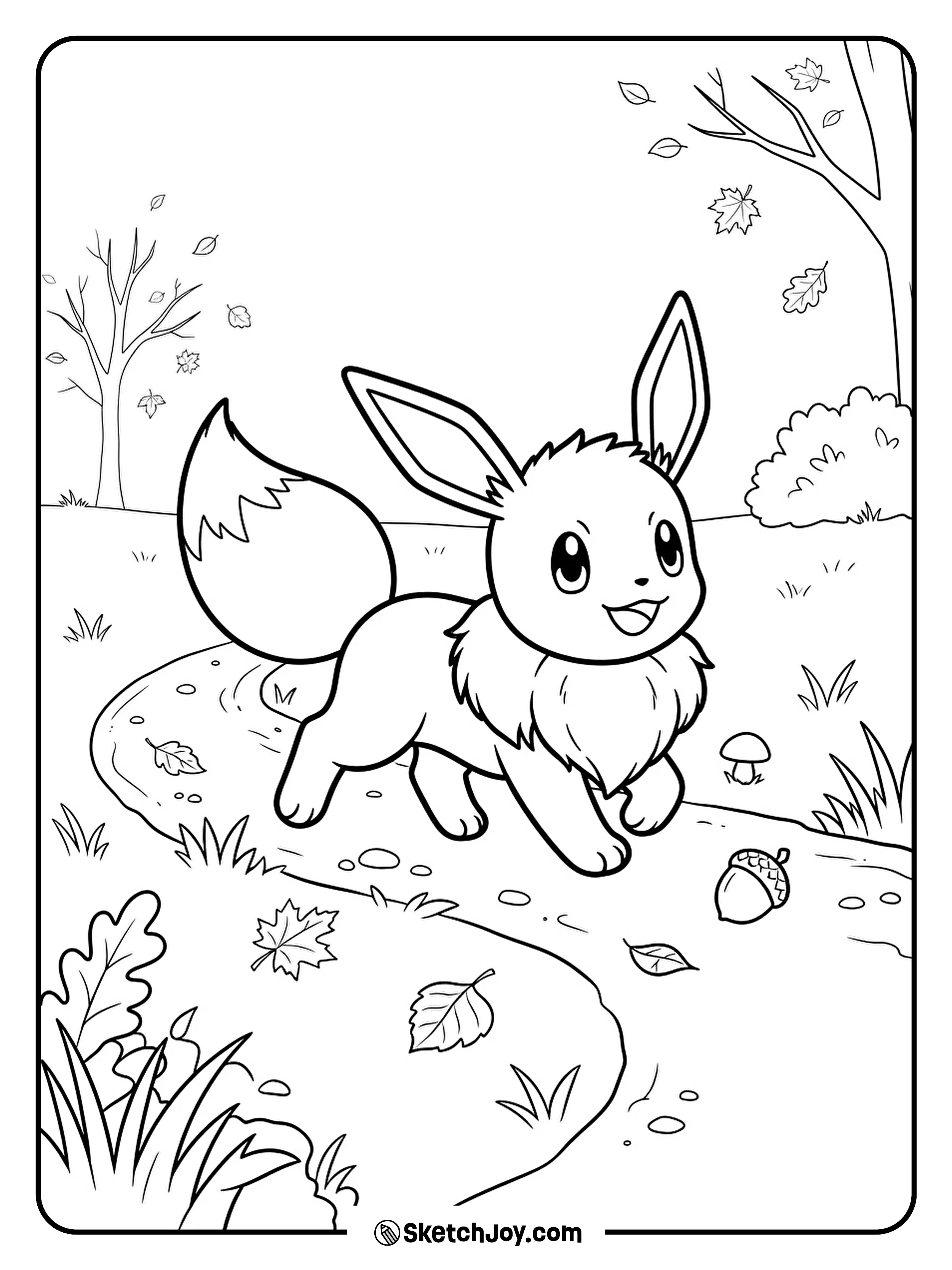 Eevee walks along a tiny trail with leaves around its paws.