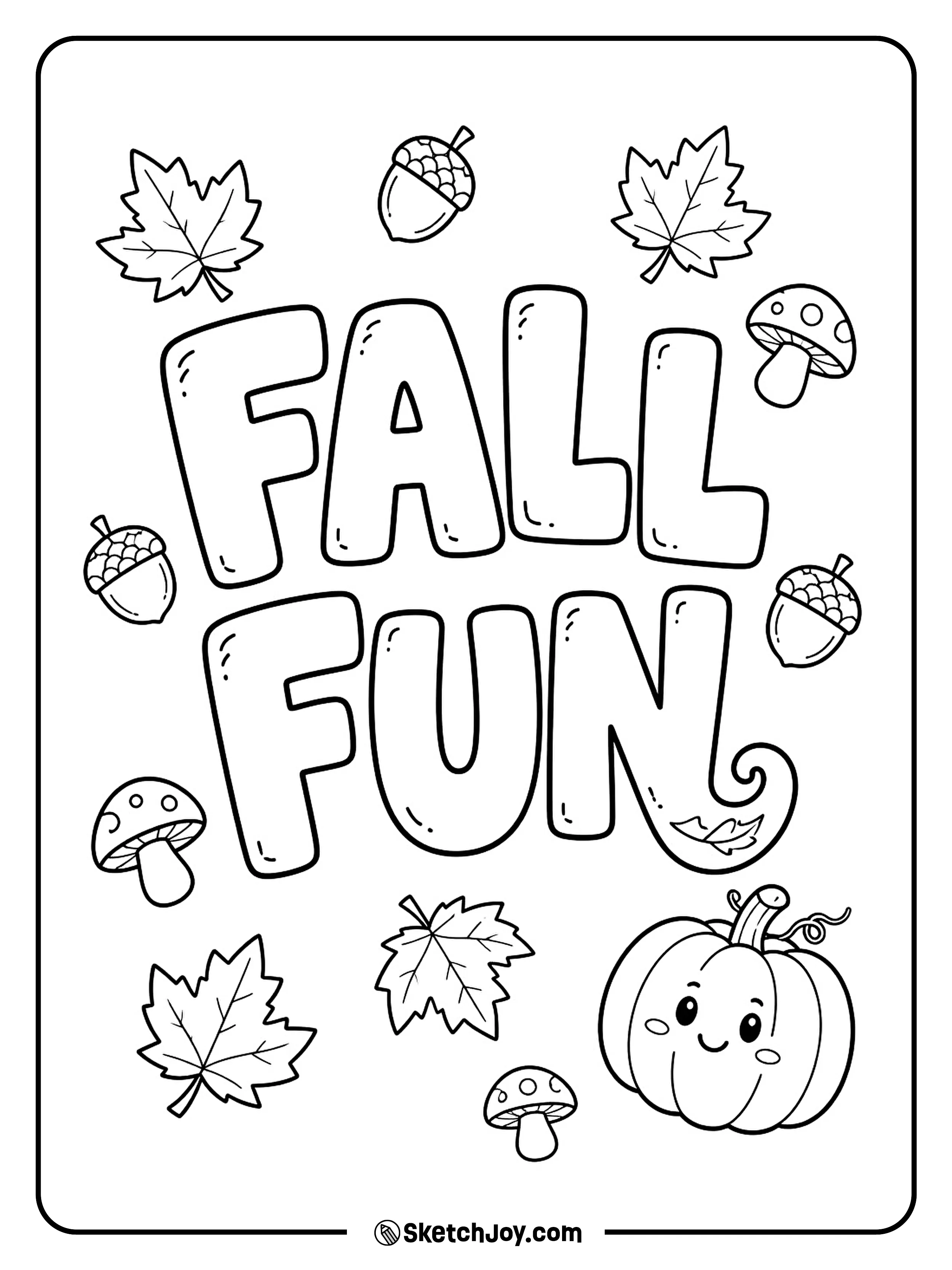 Bold Fall Fun letters dance with leaves and tiny woodland shapes.