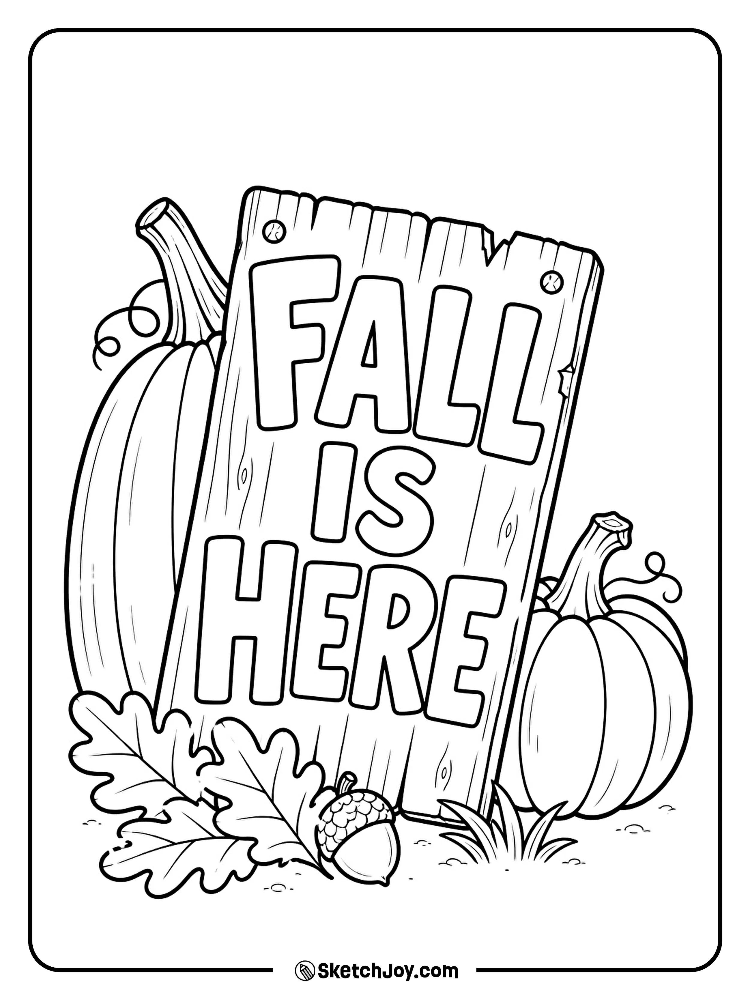 A wooden fall sign stands beside pumpkins and a few crunchy leaves.