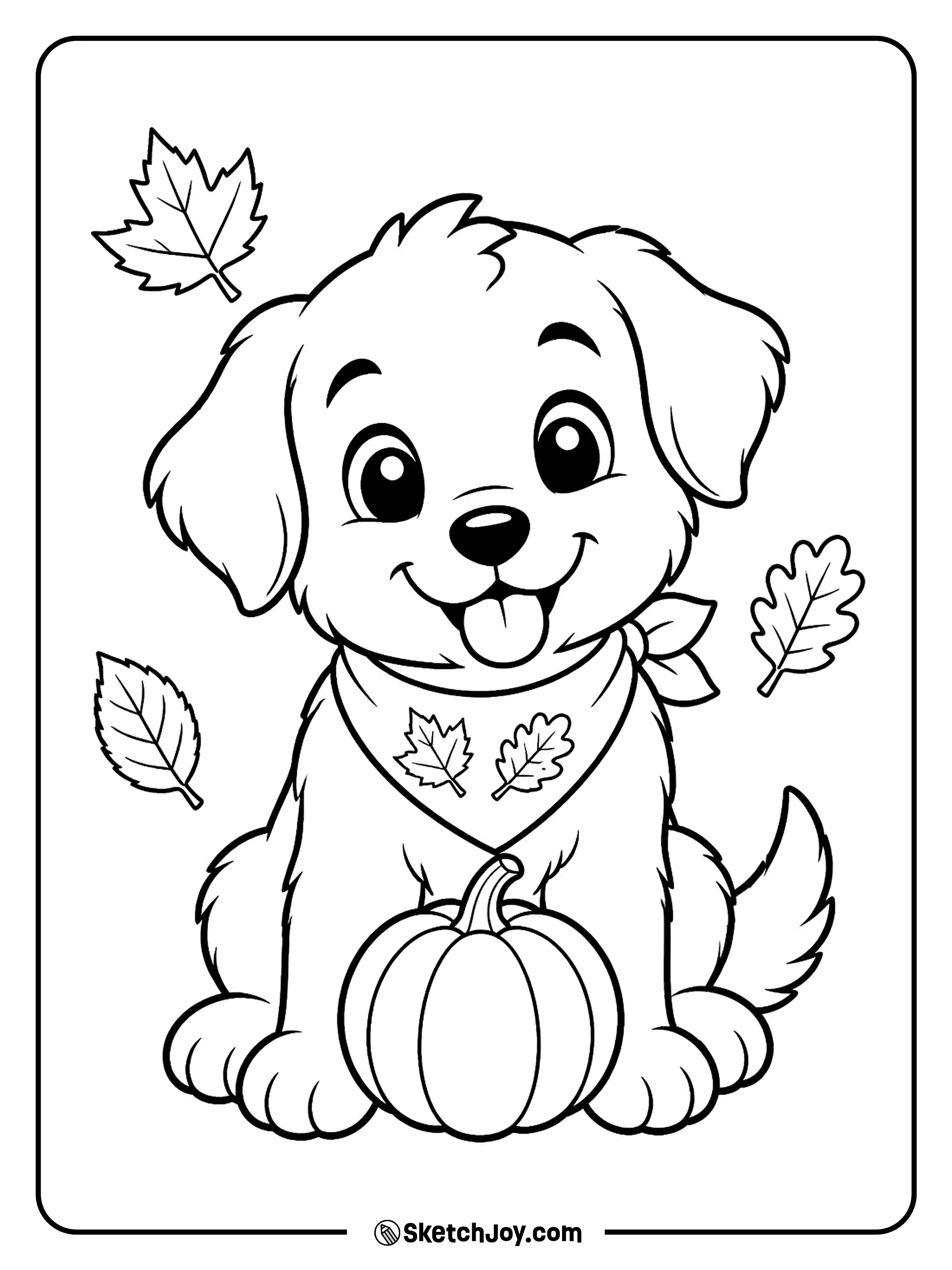 A happy puppy wears a leaf-print bandana and carries a tiny pumpkin.