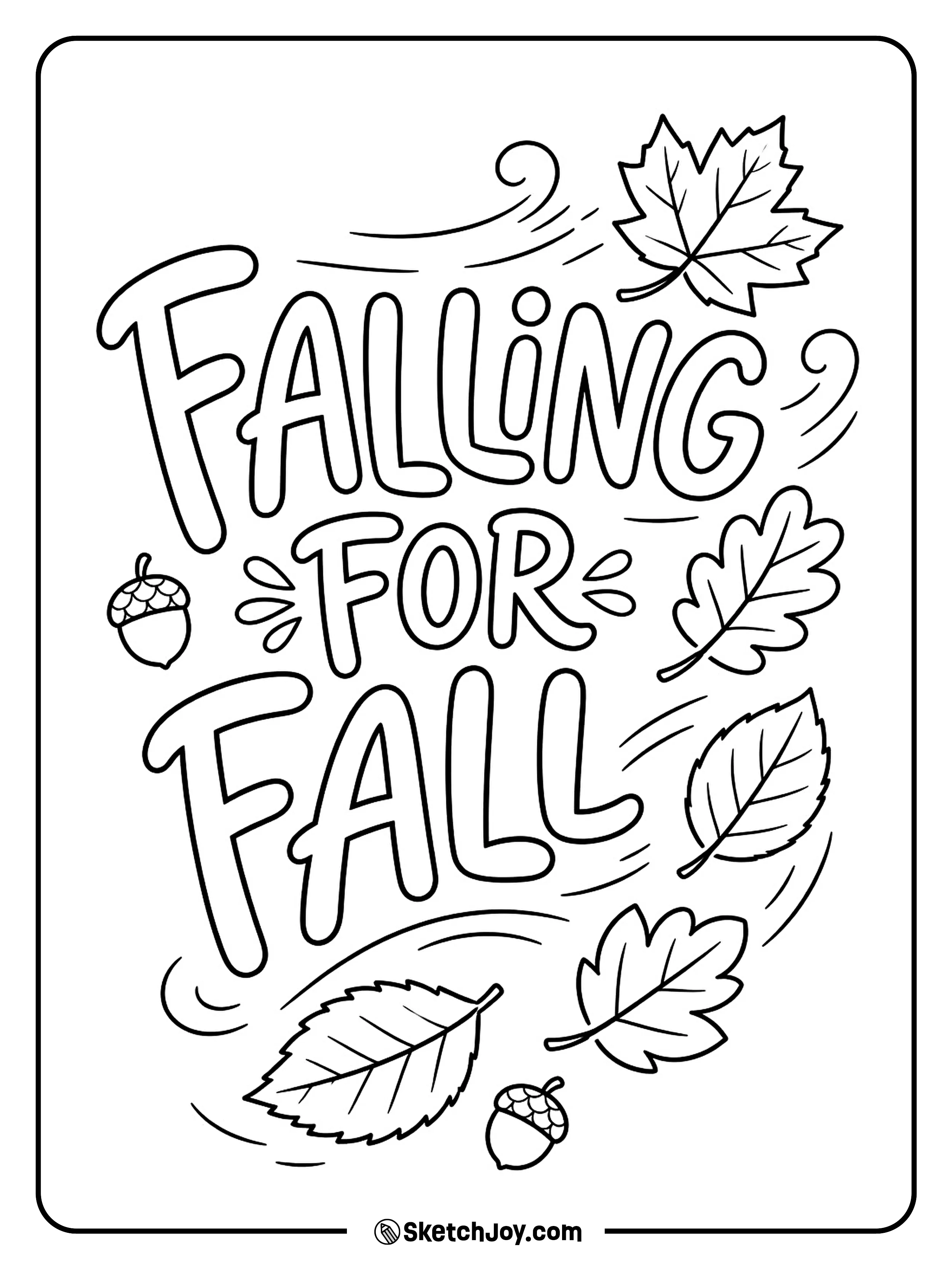 Playful autumn letters sit among swirling leaves and tiny acorns.