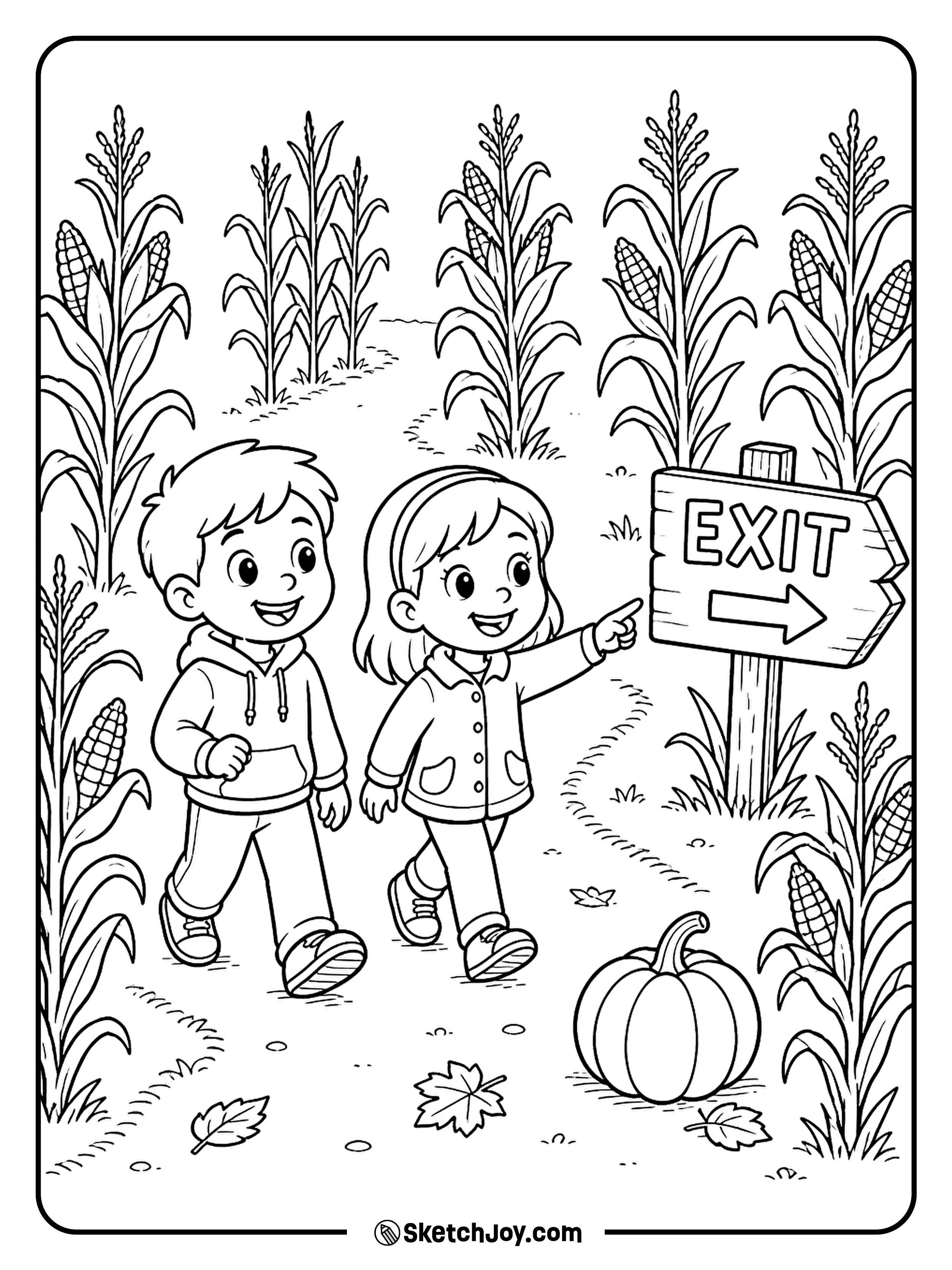 Two friends follow simple signs through a fun autumn corn maze.
