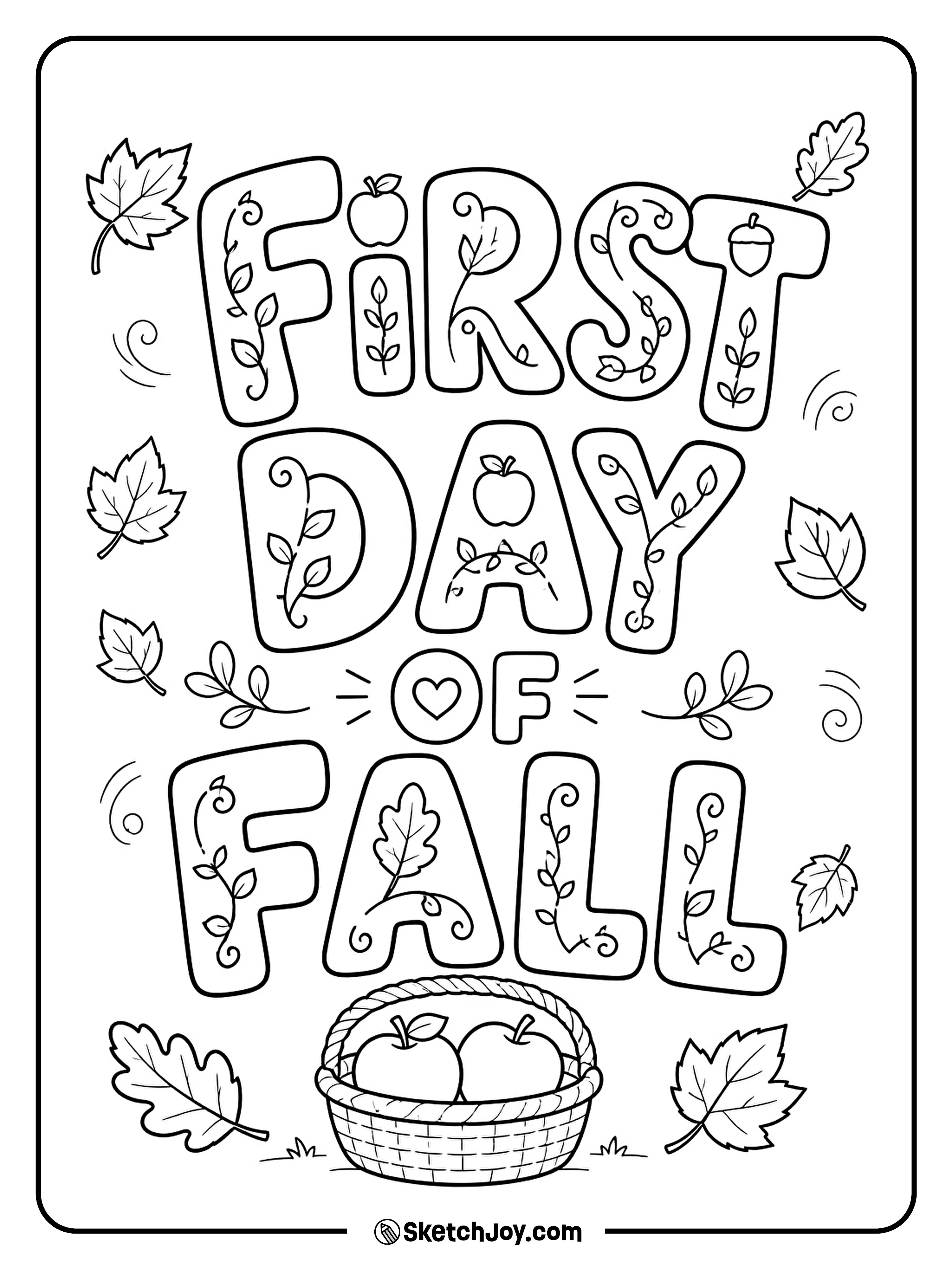 Big seasonal letters welcome the first day of autumn with leaves and apples.
