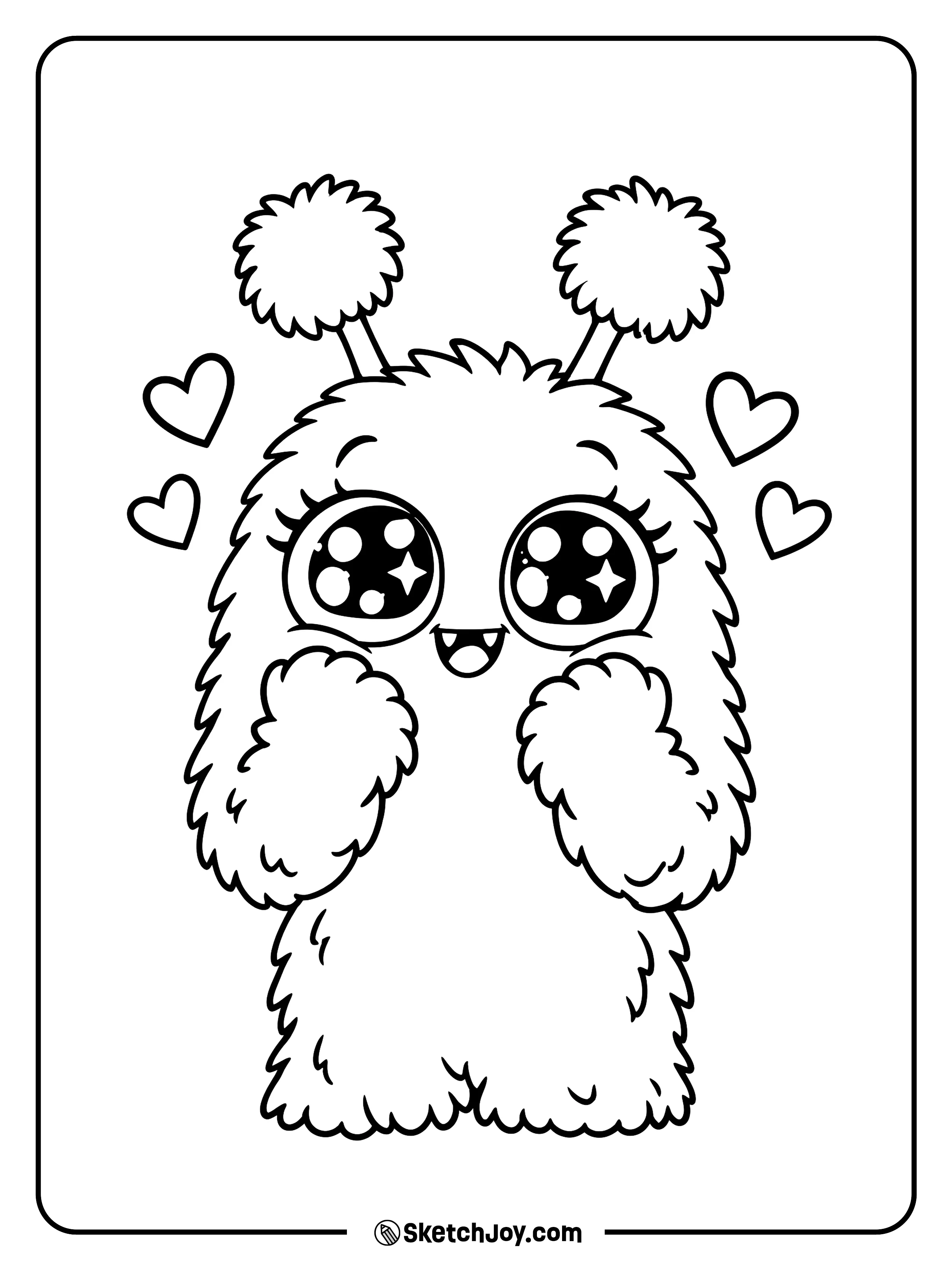 Four hearts float around a fluffy monster with bright eyes and paws near its cheeks.