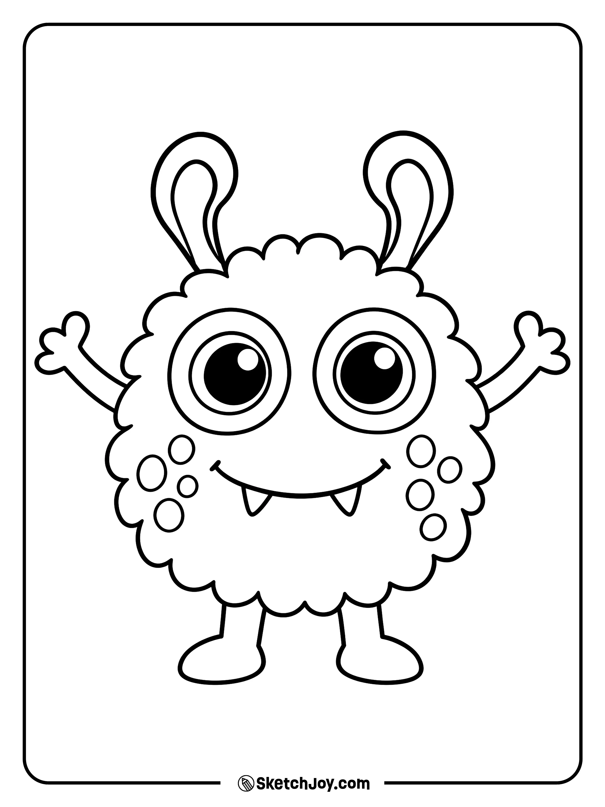 A fluffy monster with long, curved ears lifts both arms and smiles.
