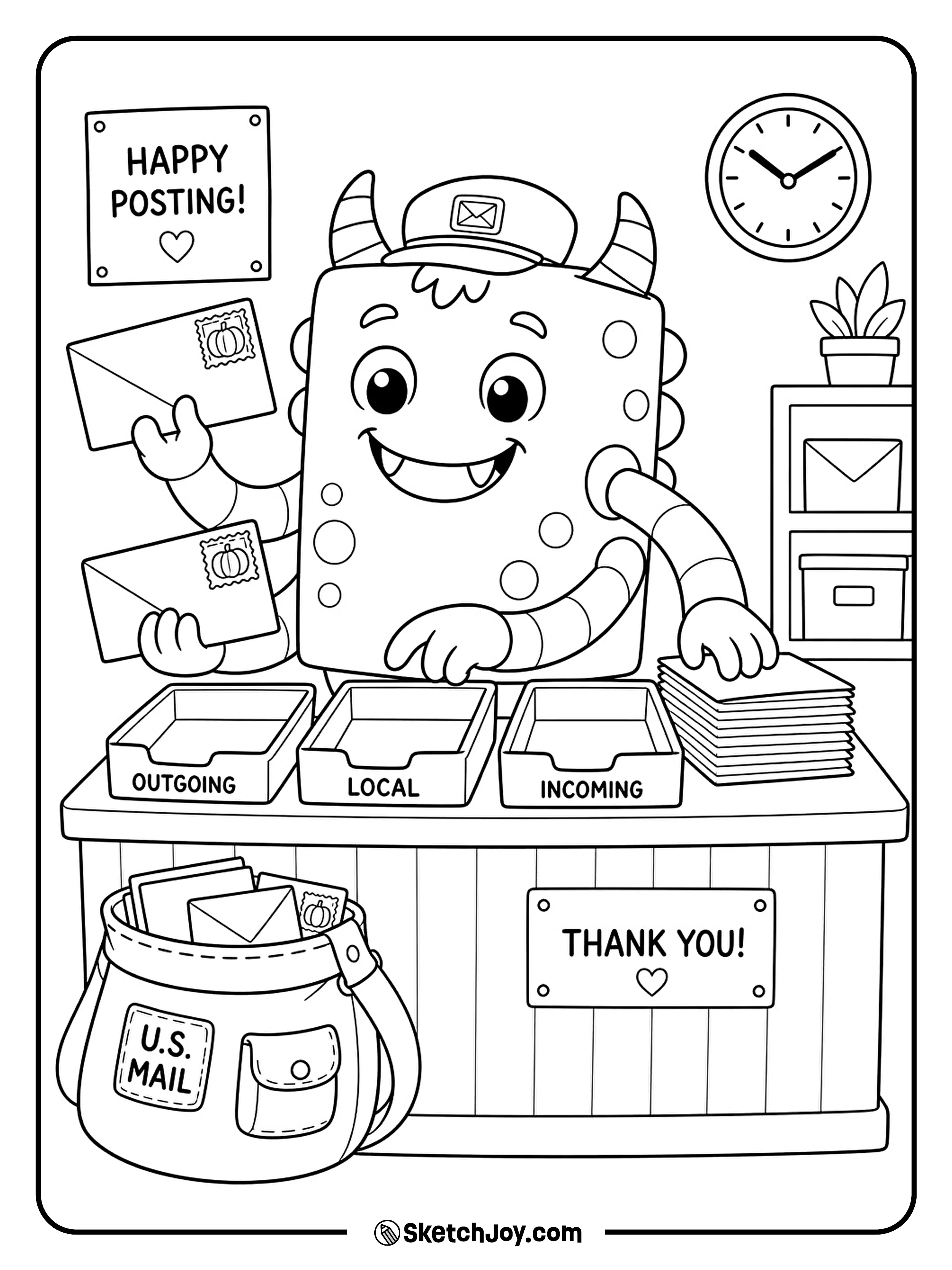 A busy monster sorts letters into three trays using all four arms.