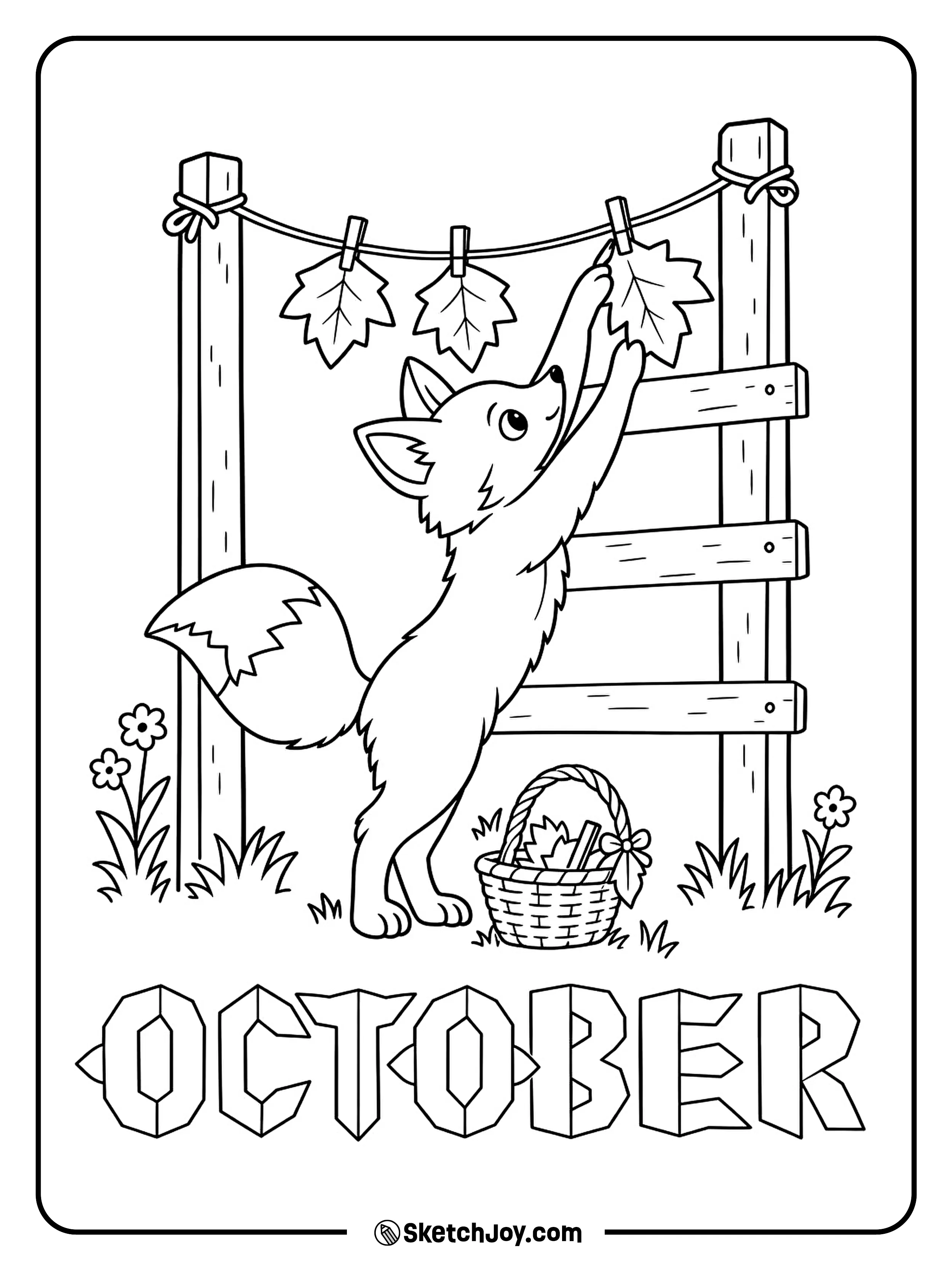 A fox clips the last paper leaf onto a short garland beside a garden trellis.