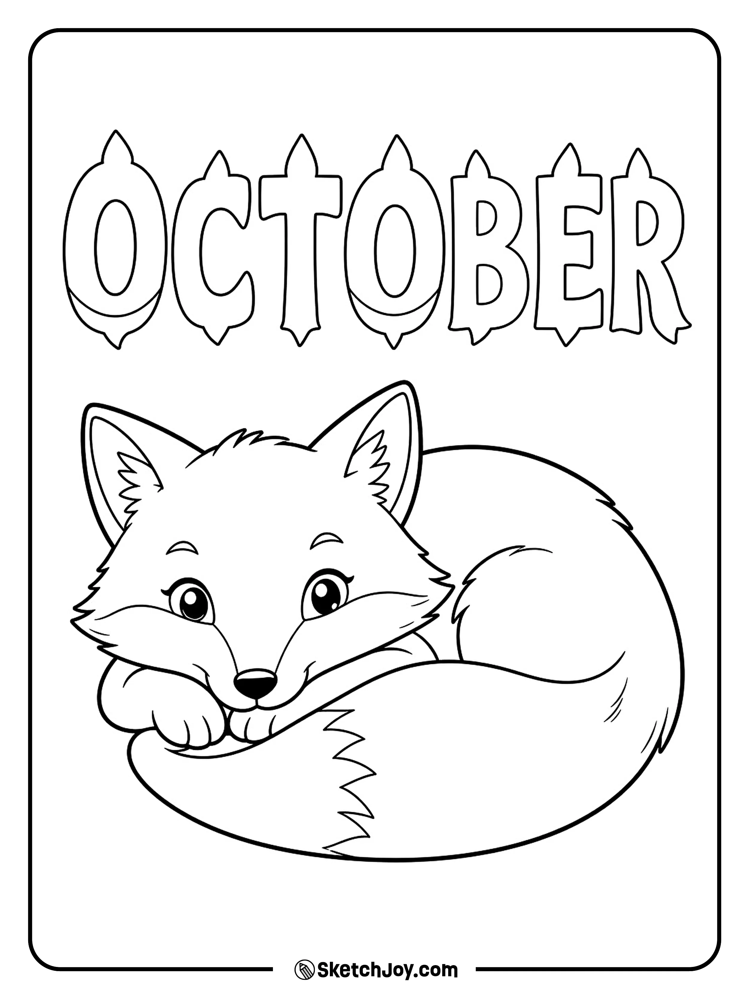 A resting fox curls its fluffy tail around its paws beneath soft October letters.