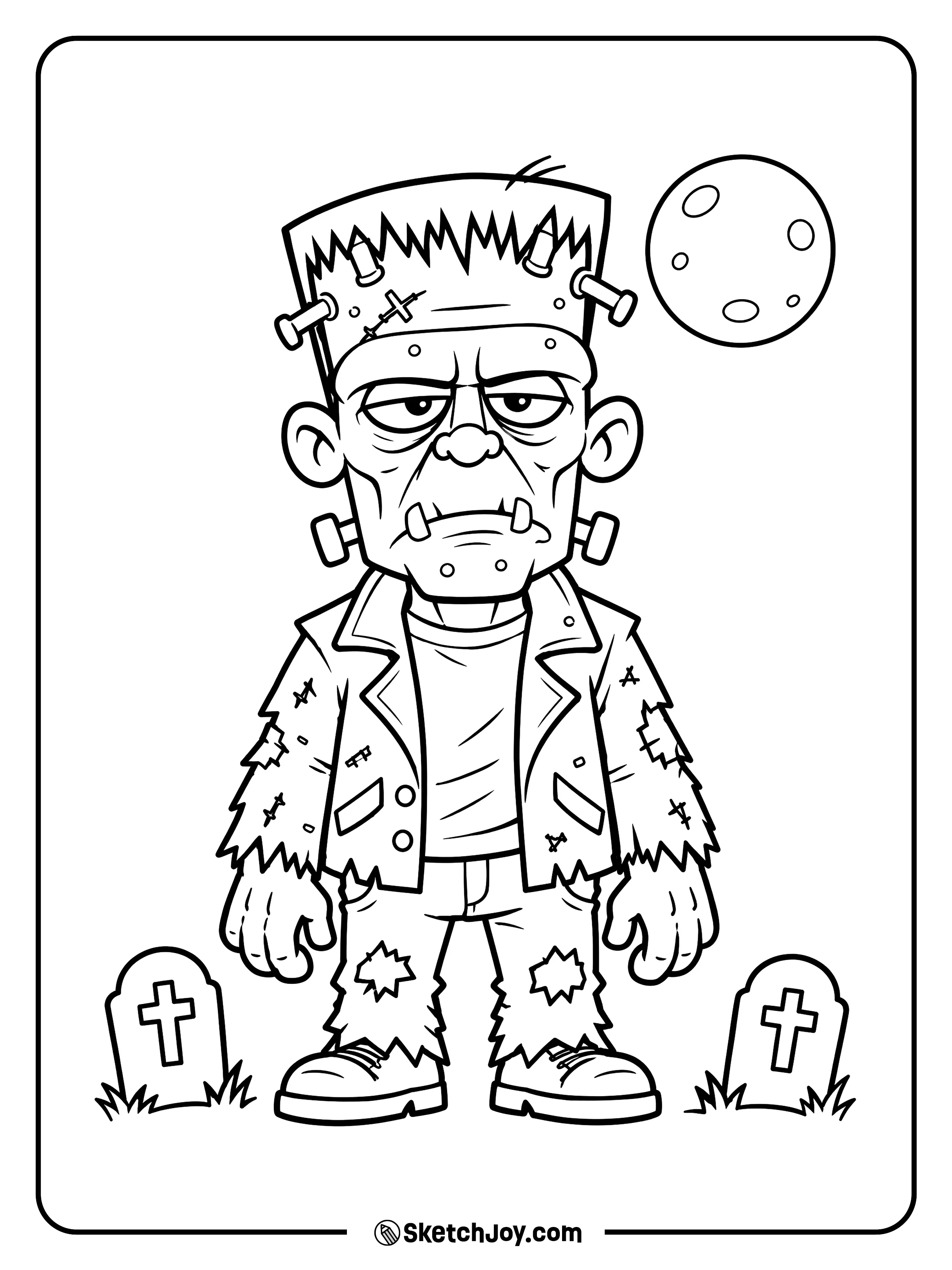 A tired Frankenstein zombie stands between two gravestones beneath a round moon.