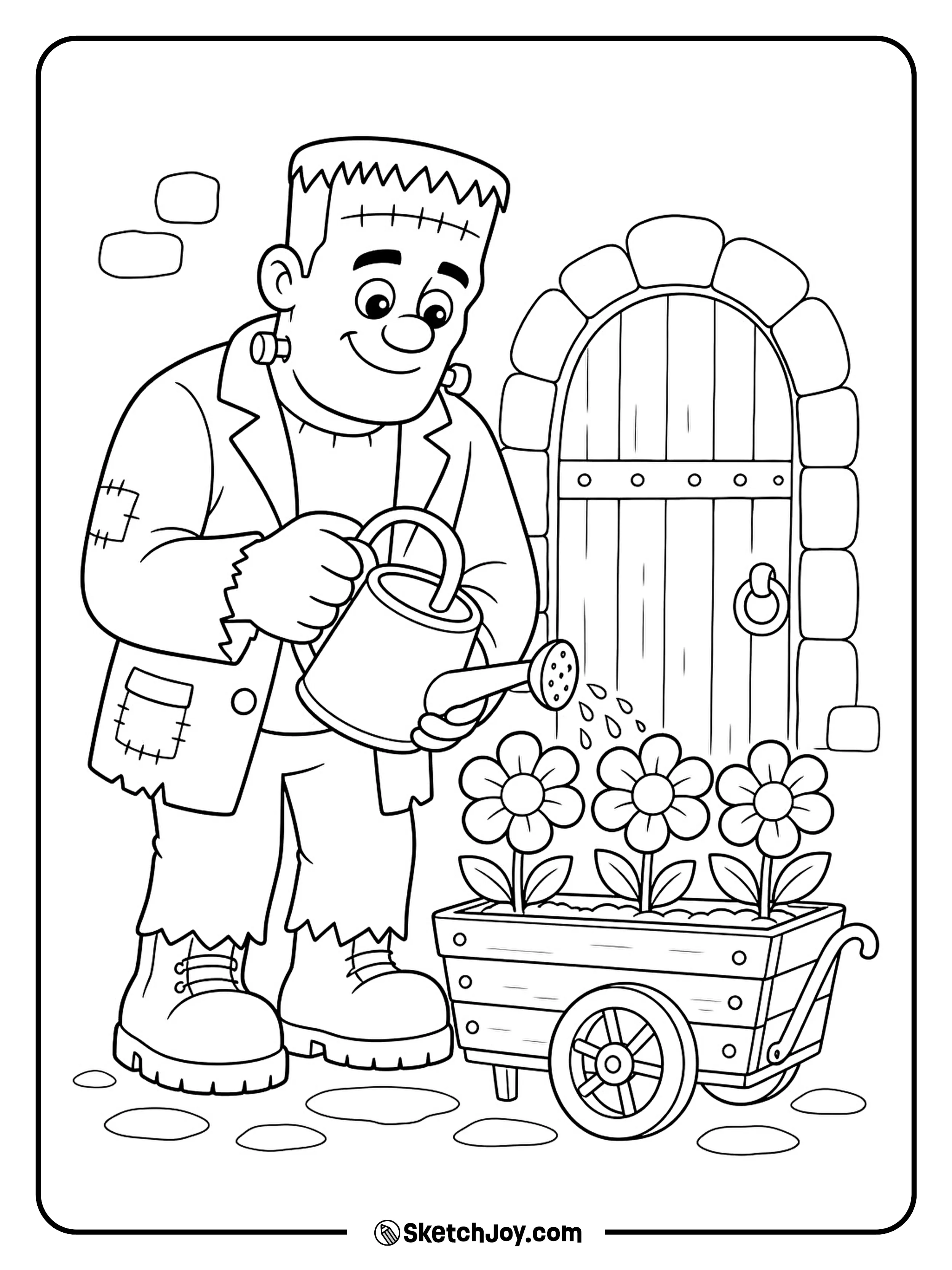 Frankenstein's monster waters a cart of flowers outside an old stone workshop.