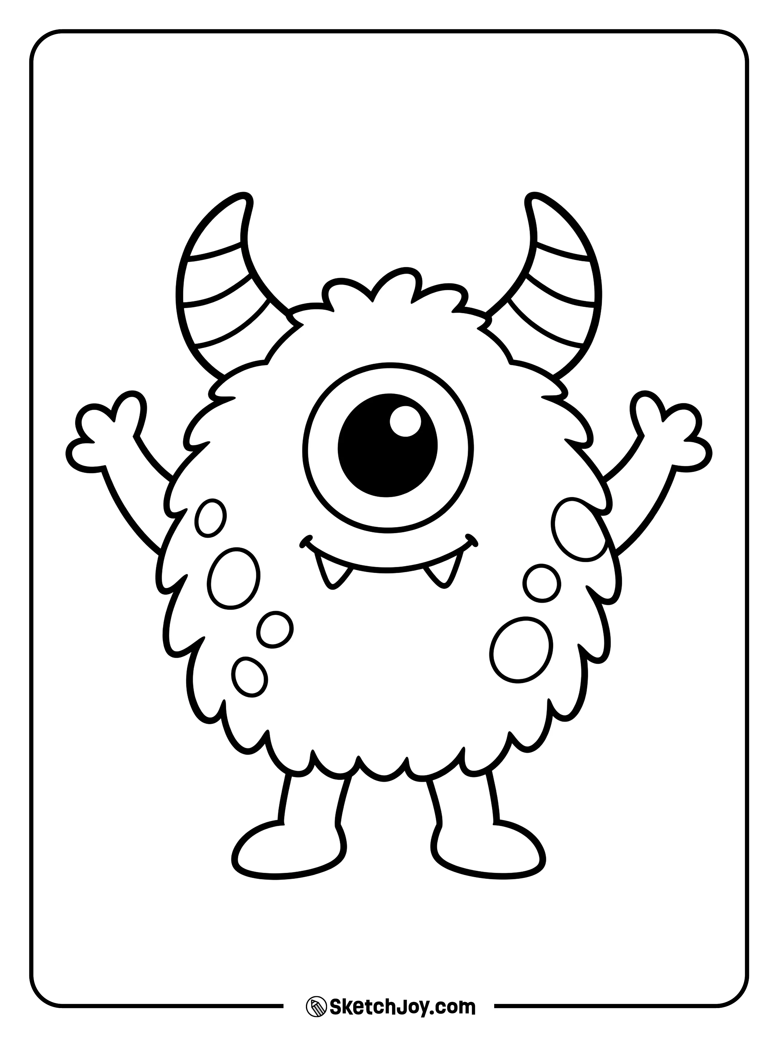 Striped horns sit above a furry cyclops with round spots and two little fangs.