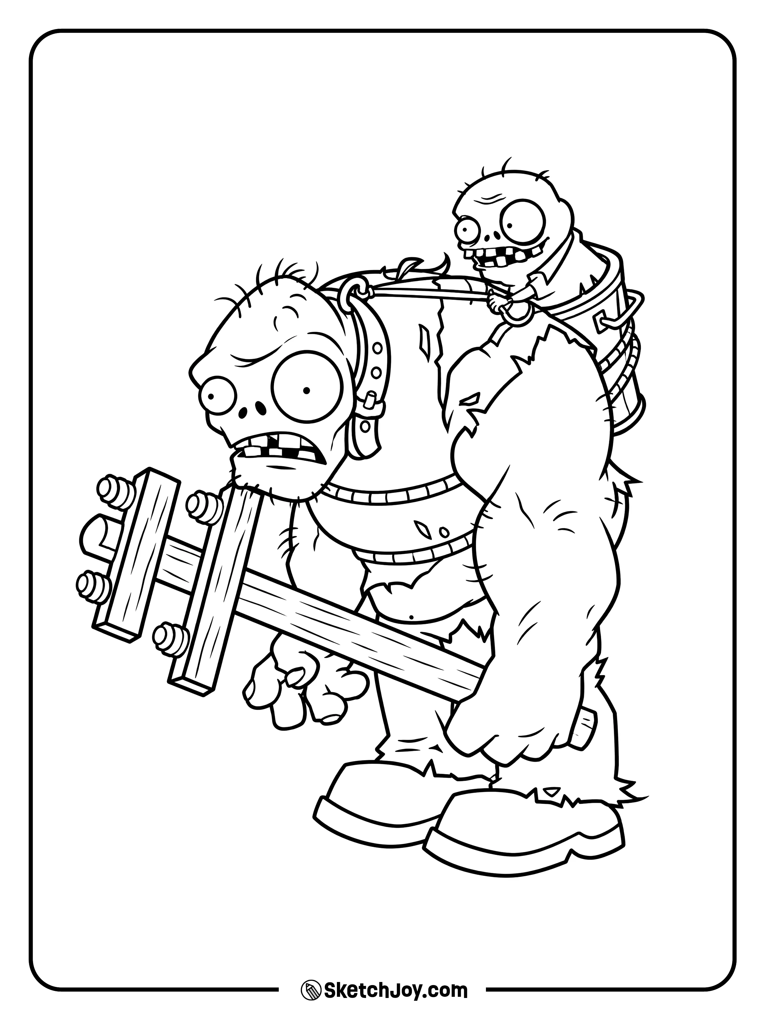 A huge Gargantuar carries a wooden power pole while a little Imp rides on his back.