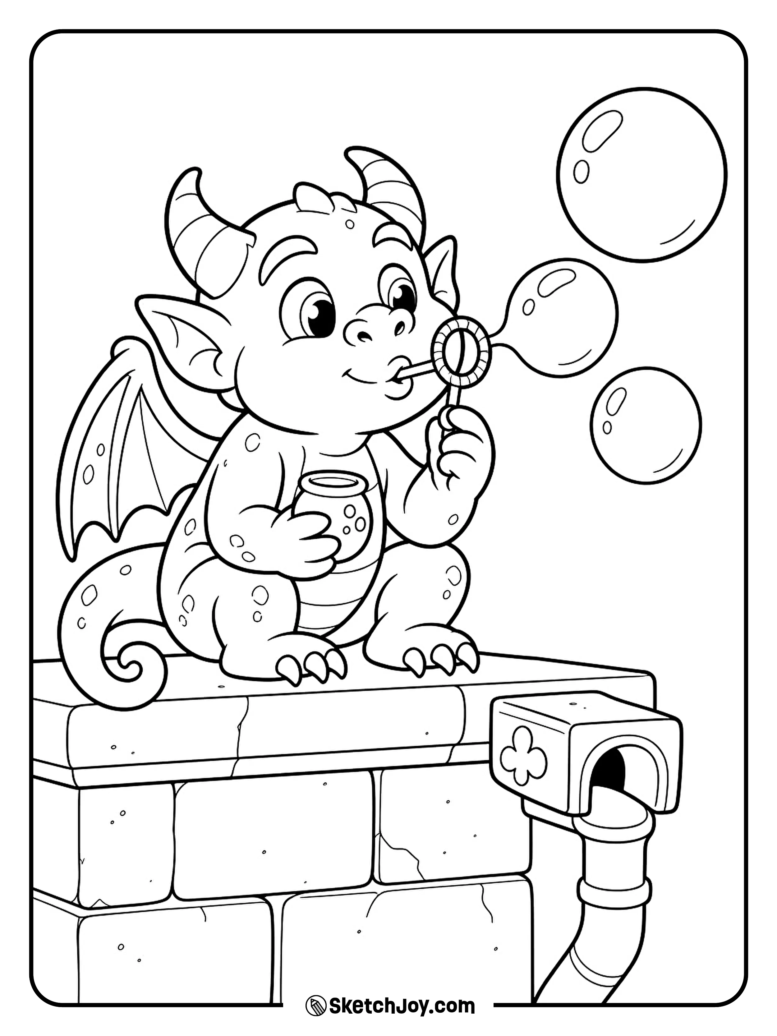 A small gargoyle blows soap bubbles while sitting beside a castle roof drain.