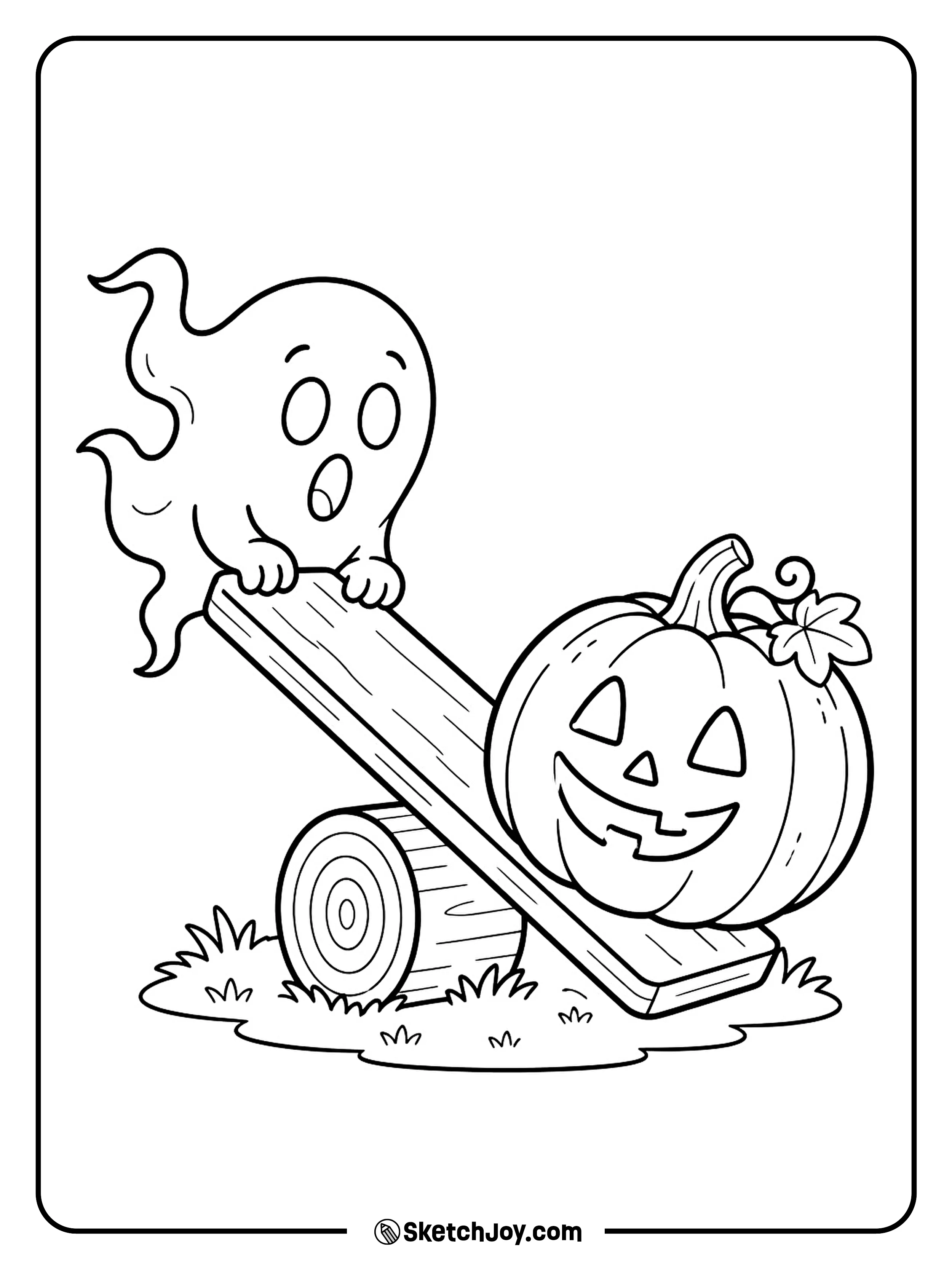 A ghost rides a seesaw with a round pumpkin at the other end.