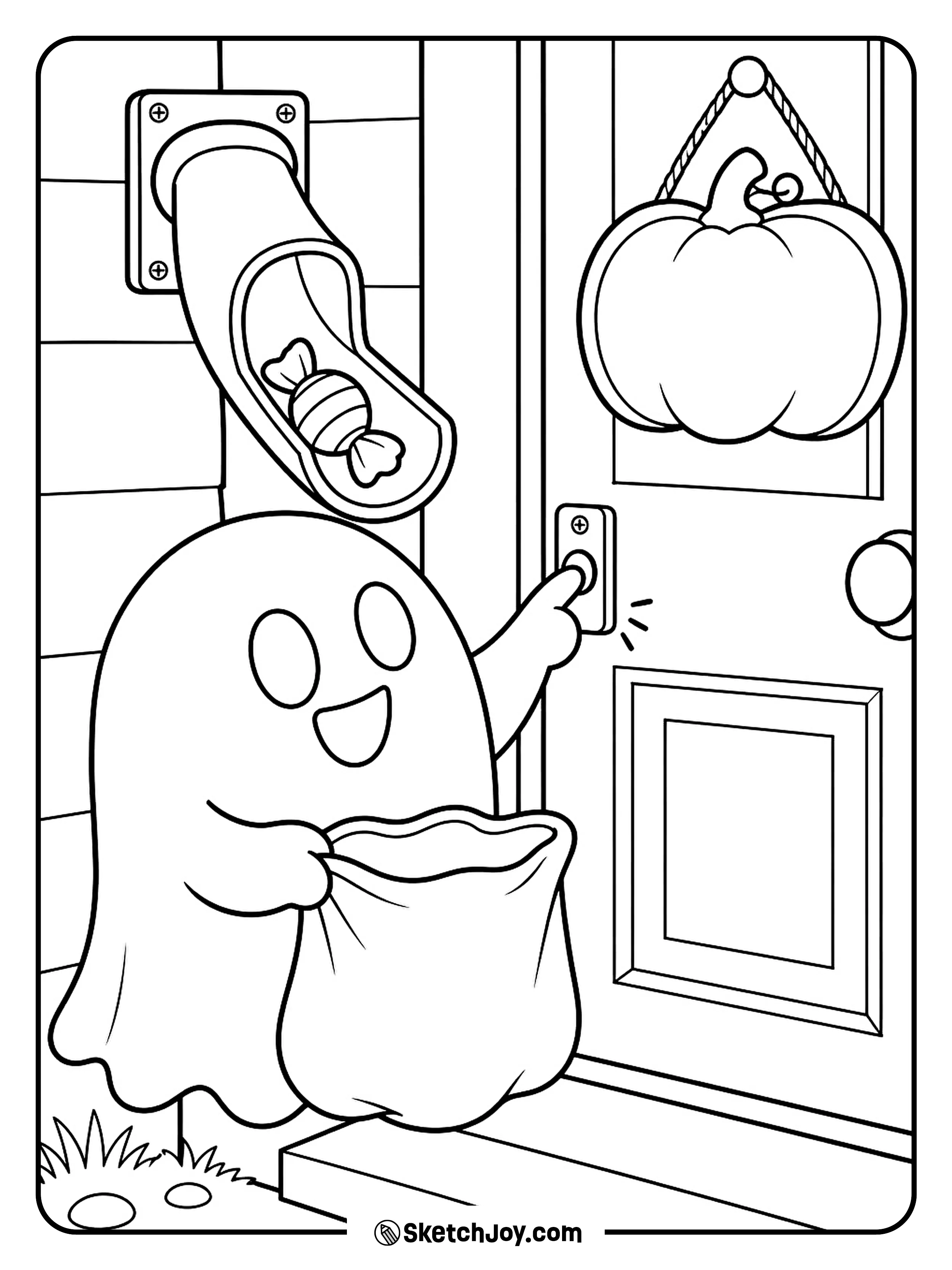 A little ghost waits as a wrapped sweet slides into its treat bag.