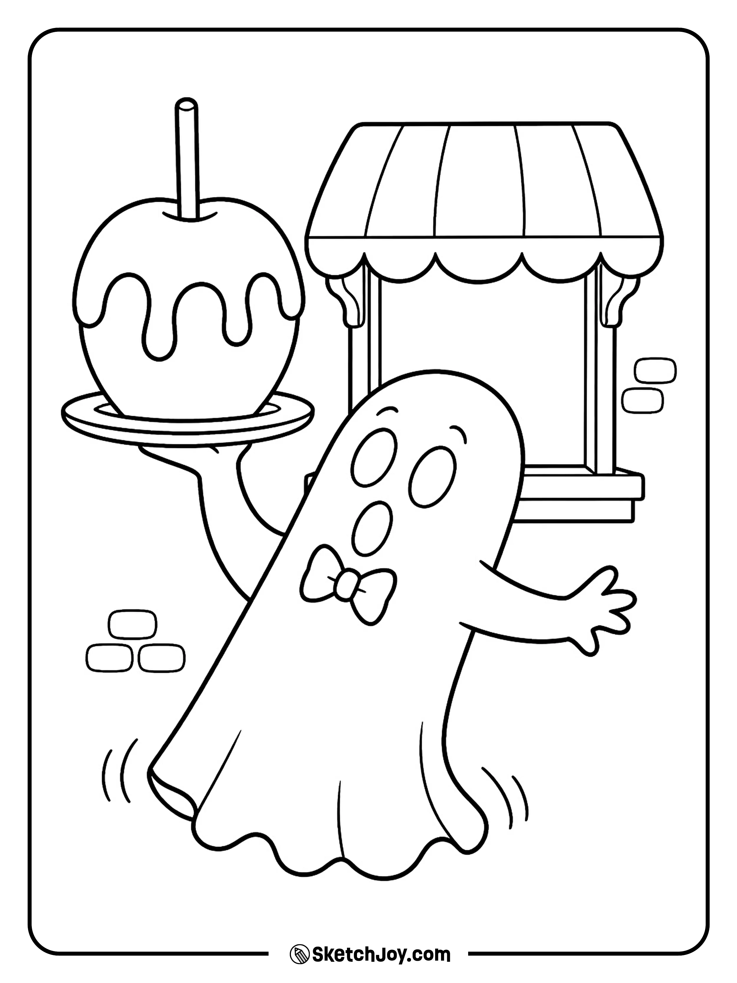 A ghost carefully carries a caramel apple on a tiny tray.
