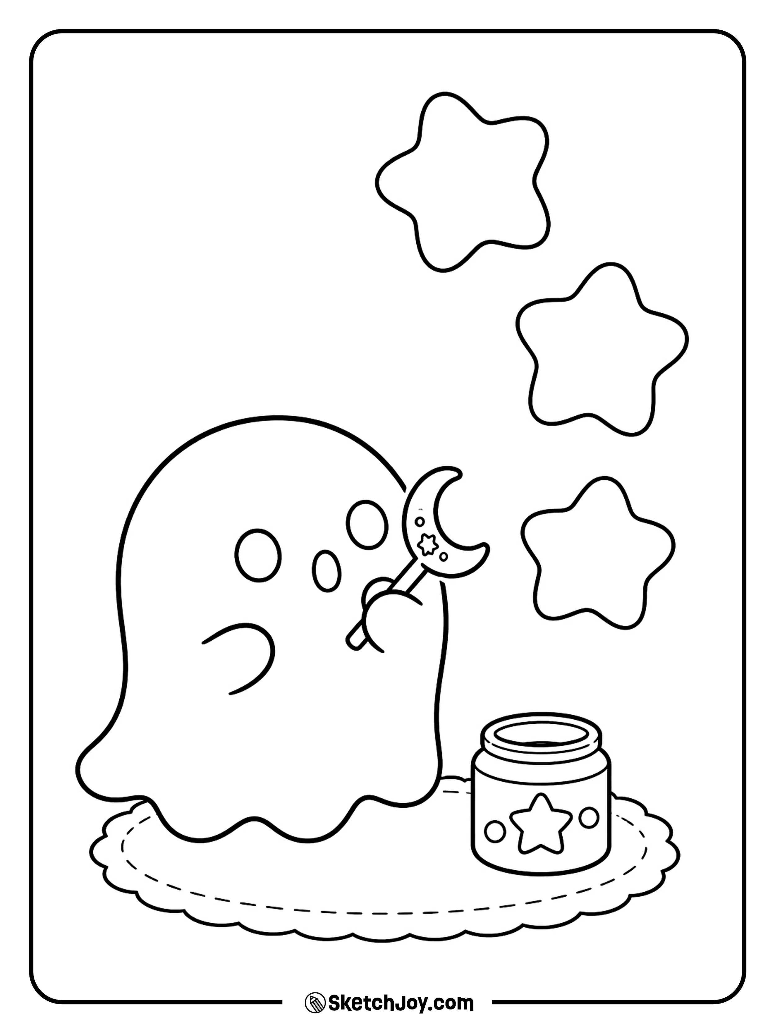 A ghost blows three star bubbles through a moon-shaped wand.