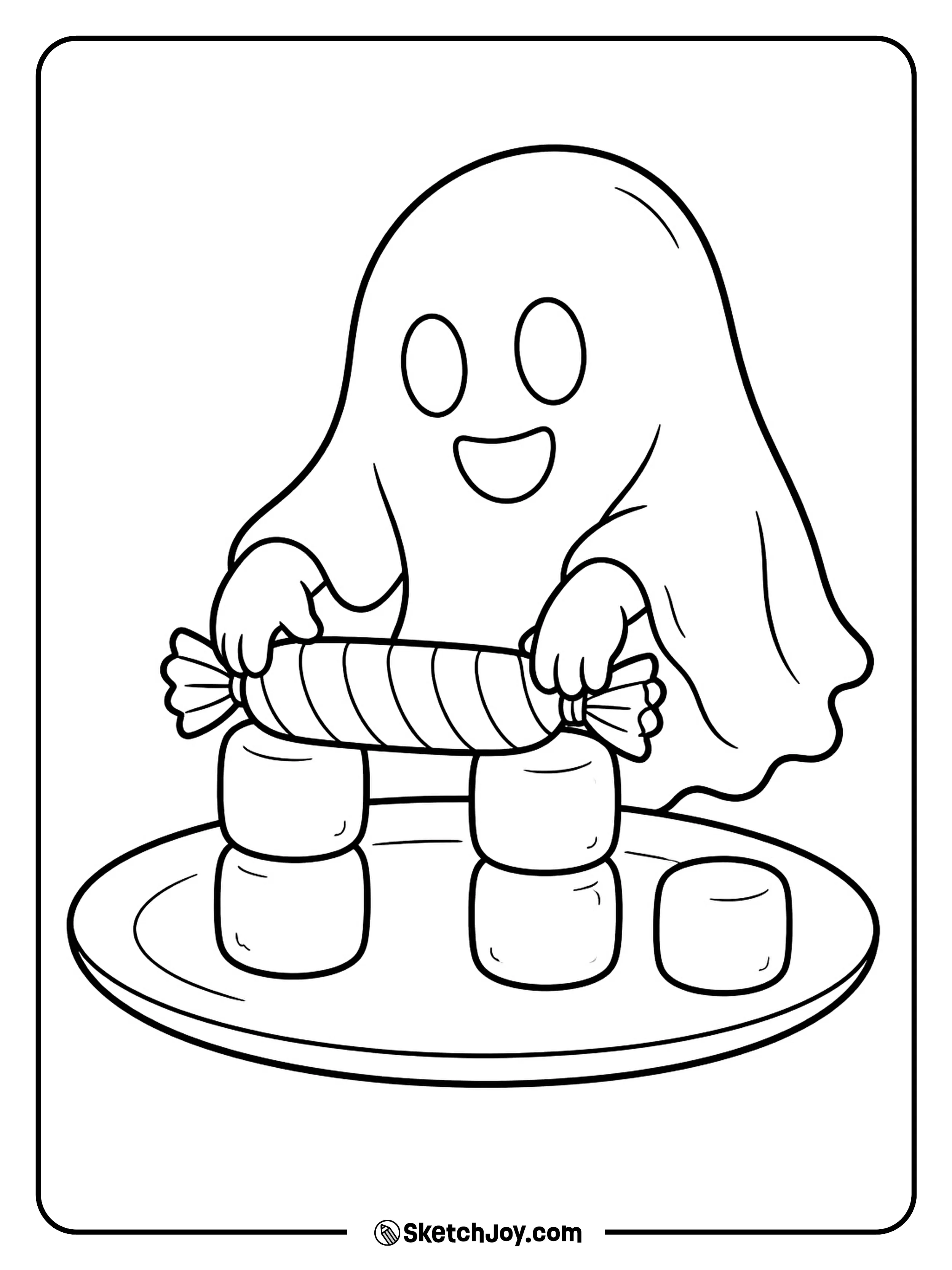 A ghost lays a candy plank across two marshmallow towers.