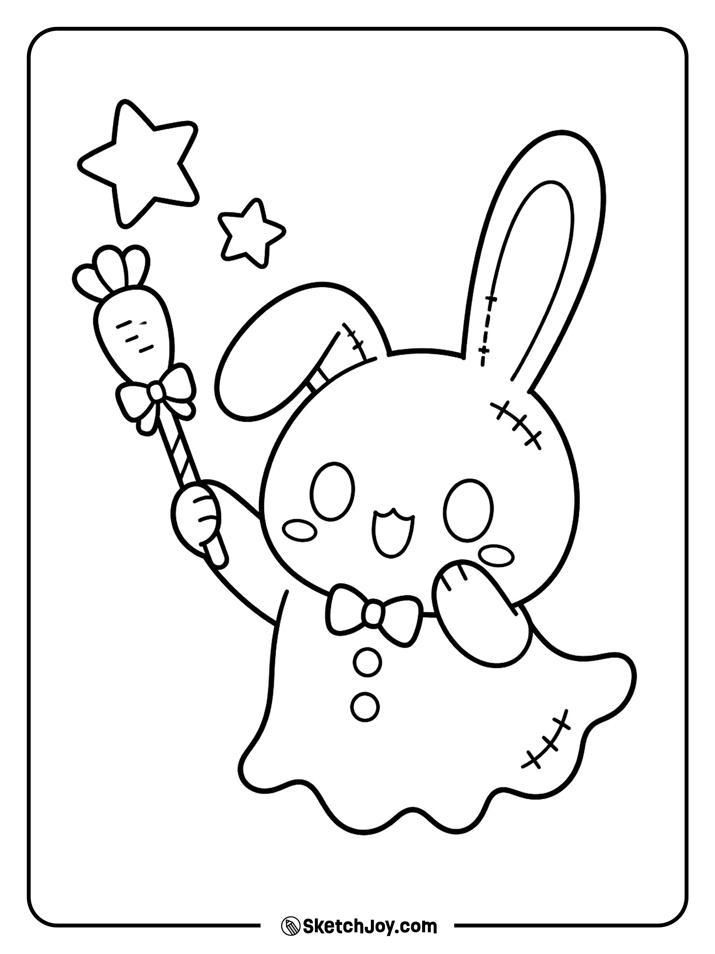 A ghost bunny raises a carrot wand as its long ears flop apart.