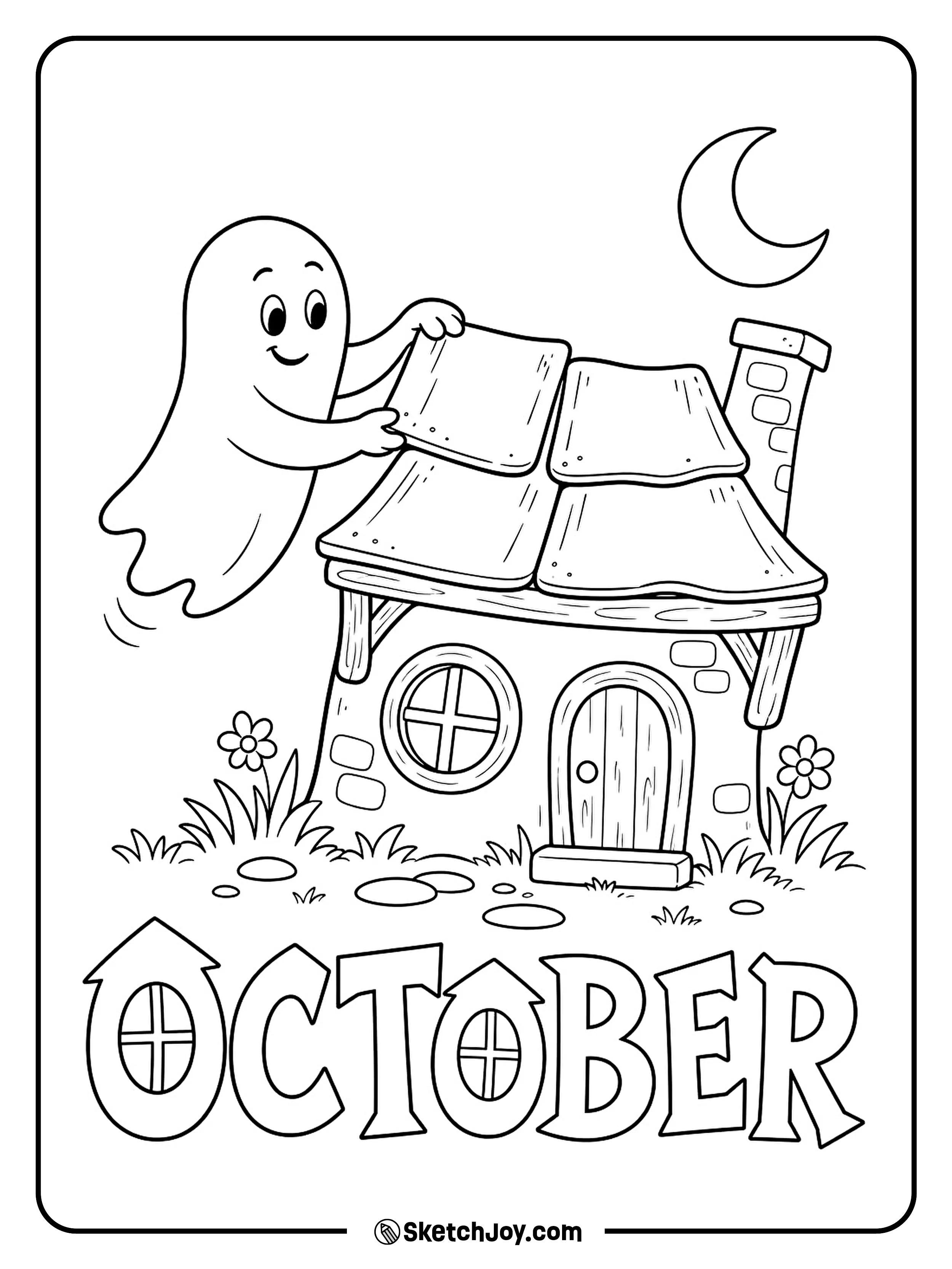 A helpful ghost sets one roof tile straight on a tiny crooked cottage.