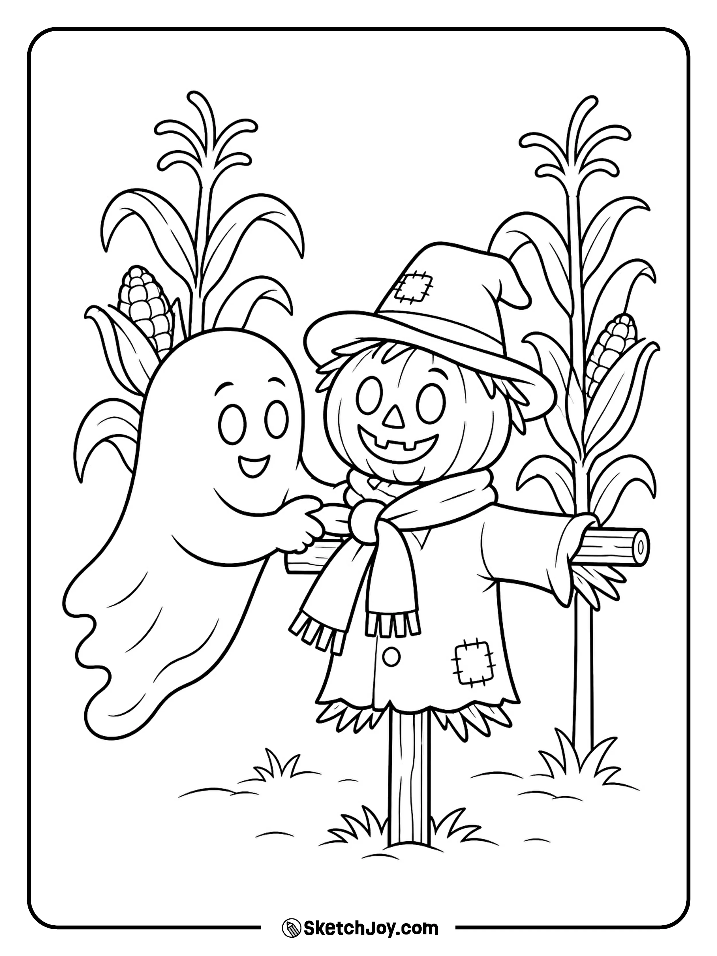 A helpful ghost ties a warm scarf around a small scarecrow.