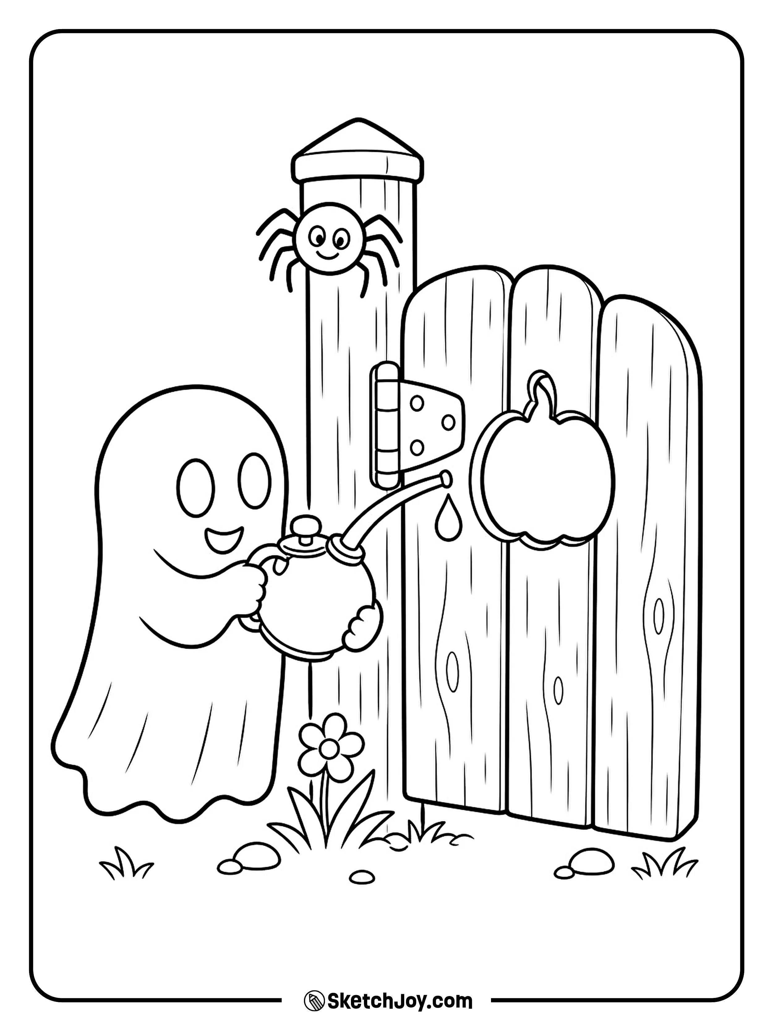A helpful ghost adds a drop of oil to a squeaky garden gate.