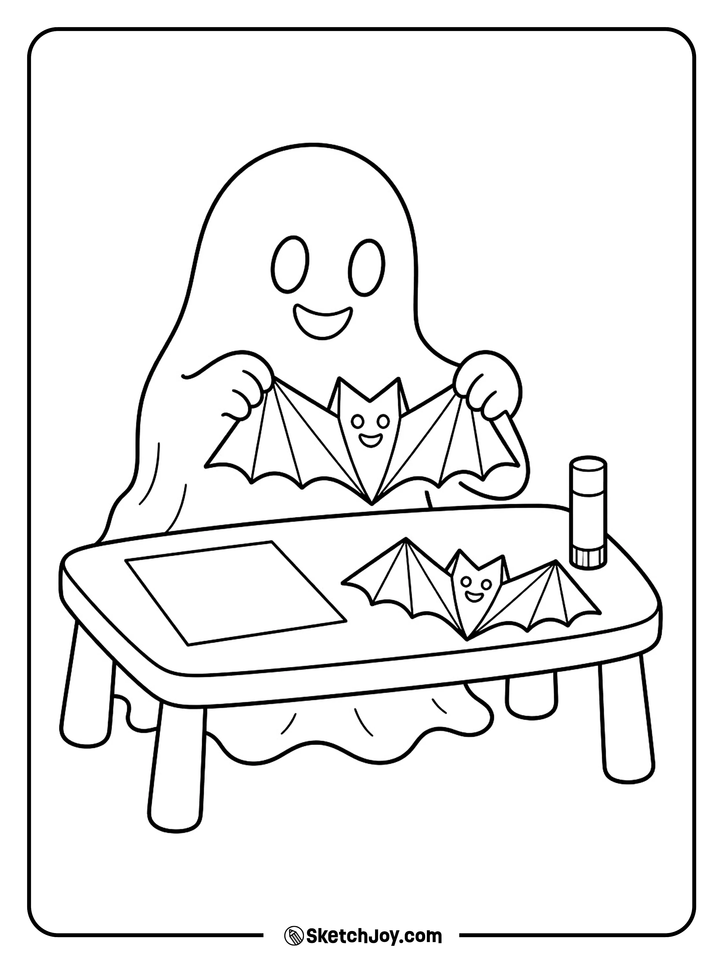 A ghost folds paper wings for a small Halloween bat.