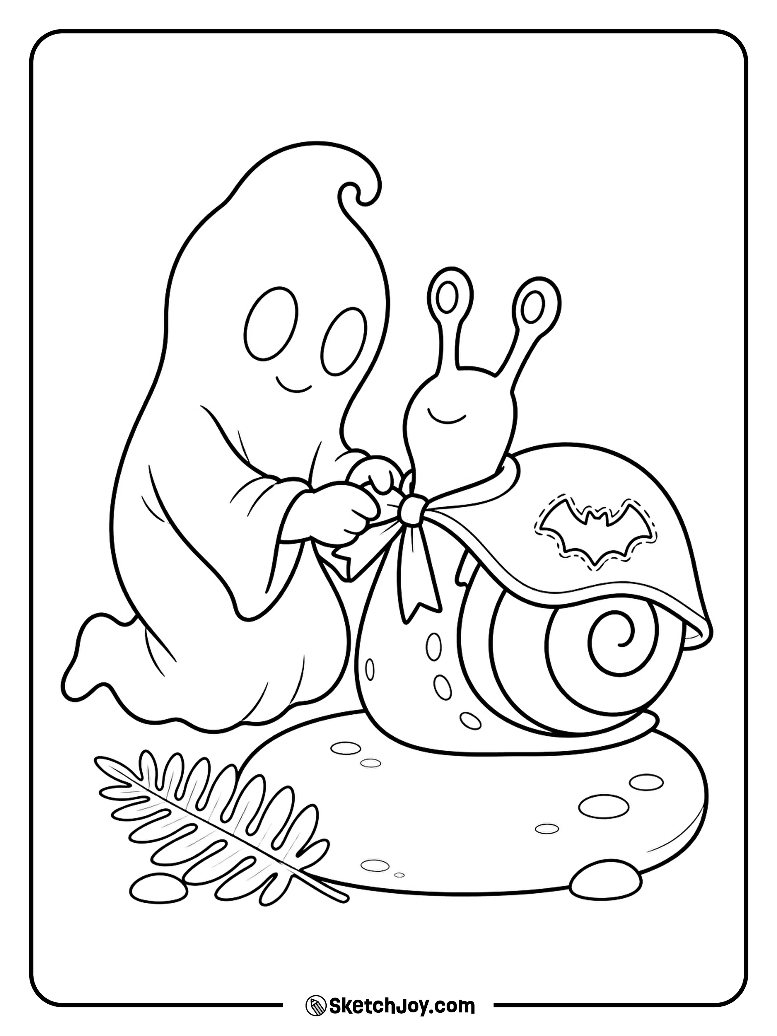 A ghost ties a tiny Halloween cape around a happy snail.