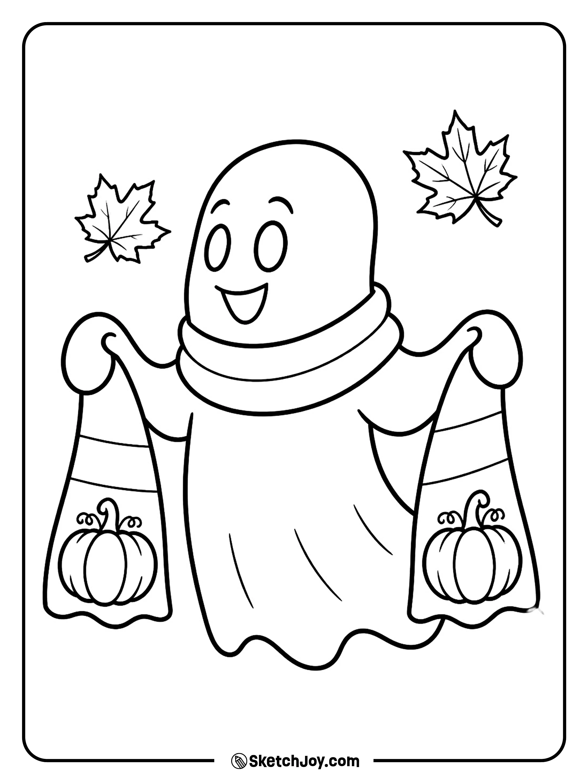 A happy ghost holds up the pumpkin ends of its long scarf.
