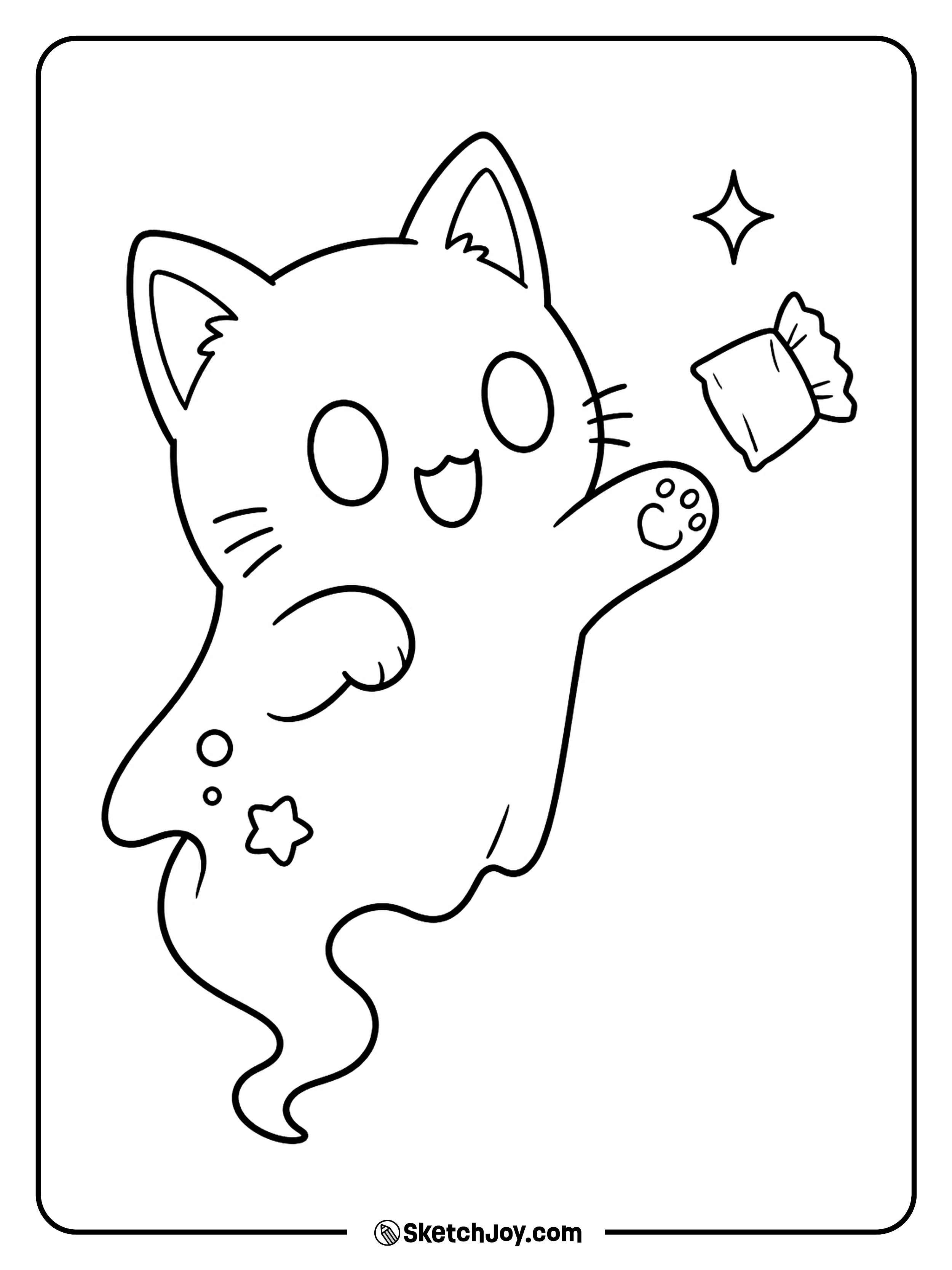 A curious ghost kitten bats a candy wrapper with one tiny paw.