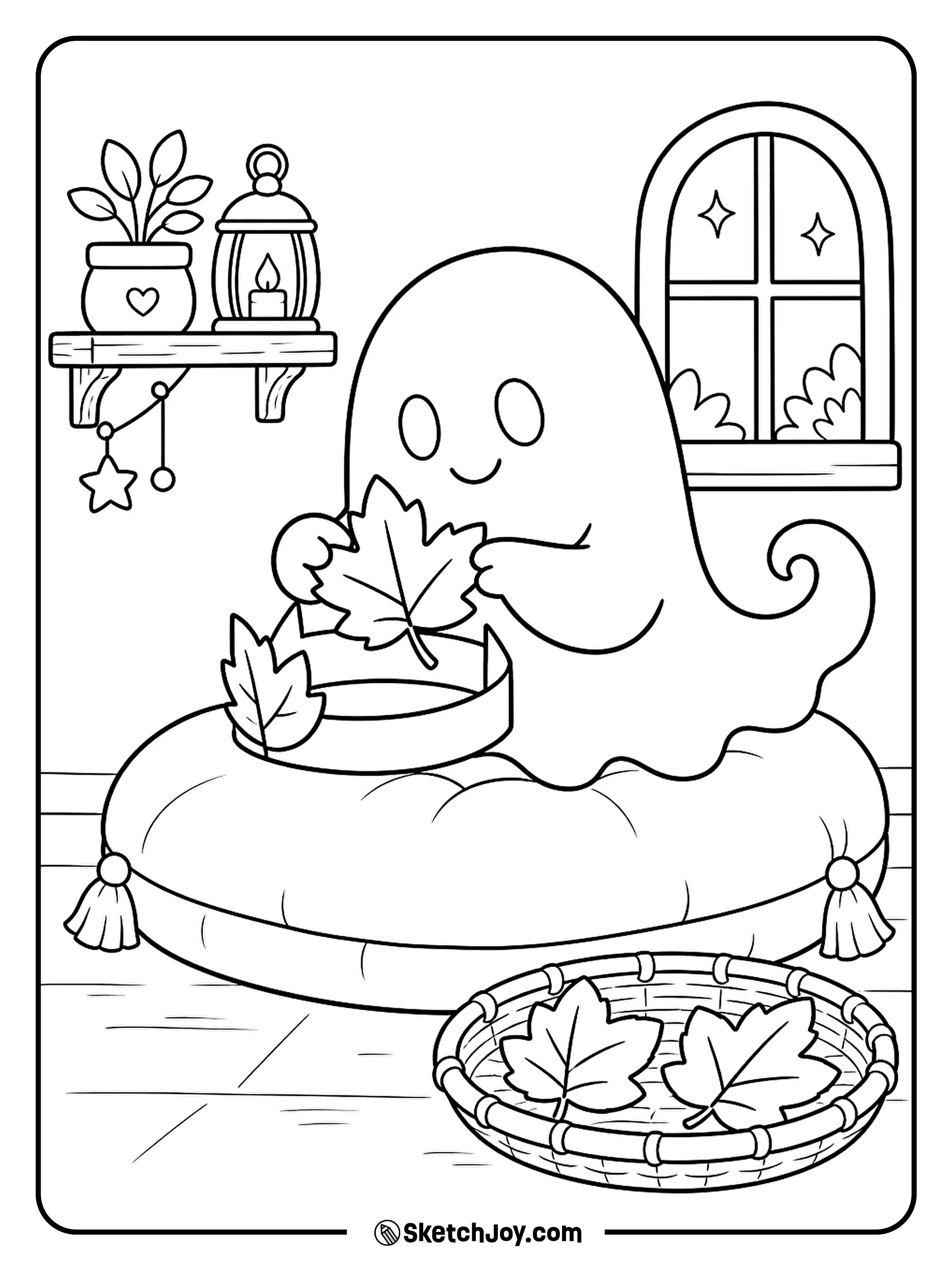A ghost adds one last leaf to a crown for Halloween.