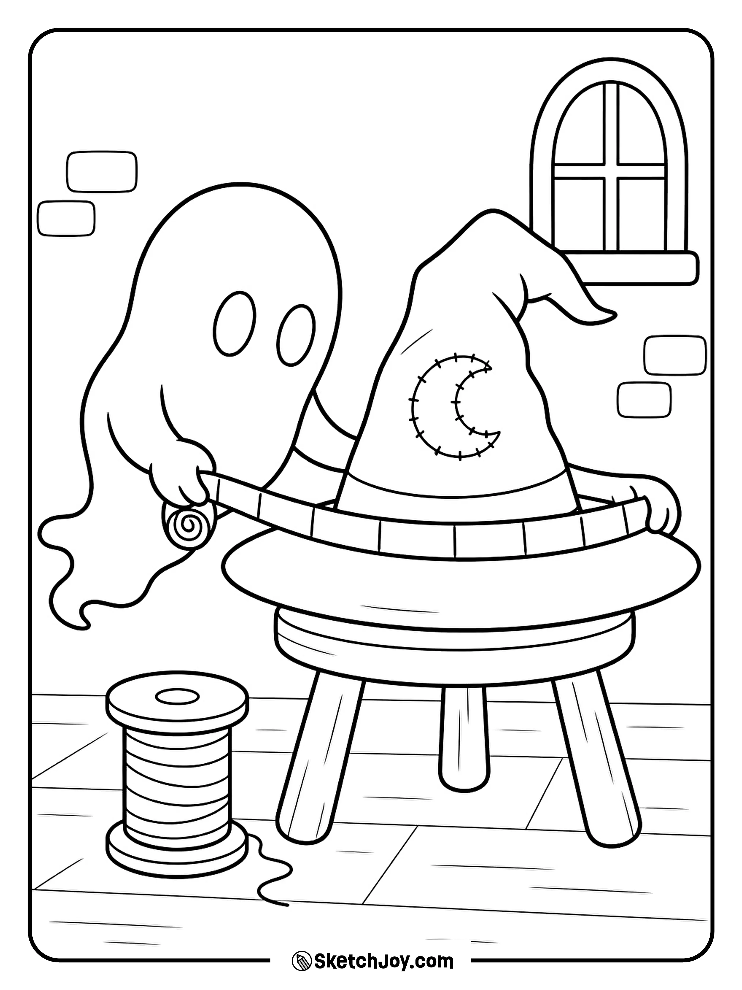 A ghost wraps a tape measure around a tall, floppy witch hat.