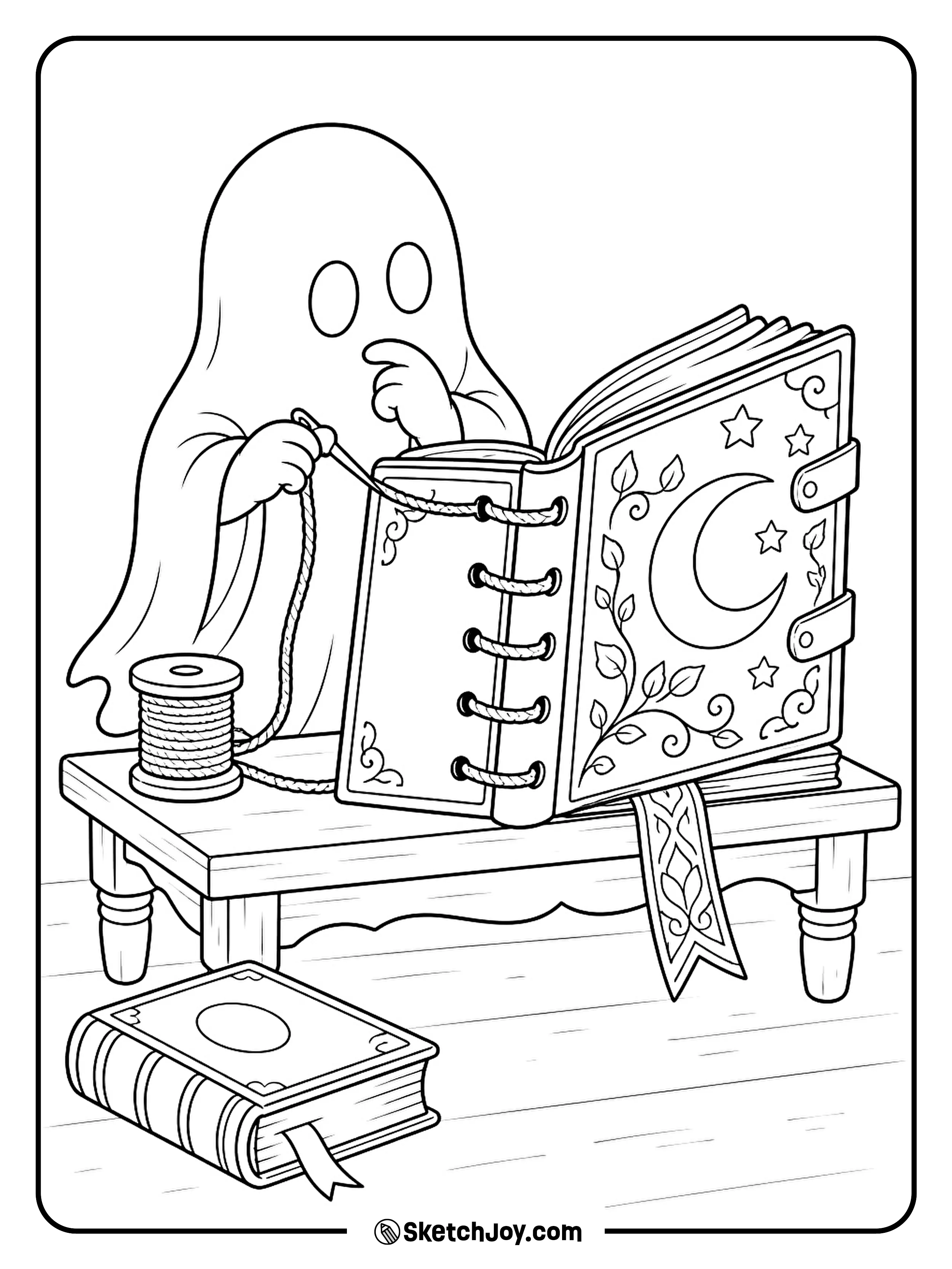 A ghost carefully sews the loose pages of a moon-covered book.