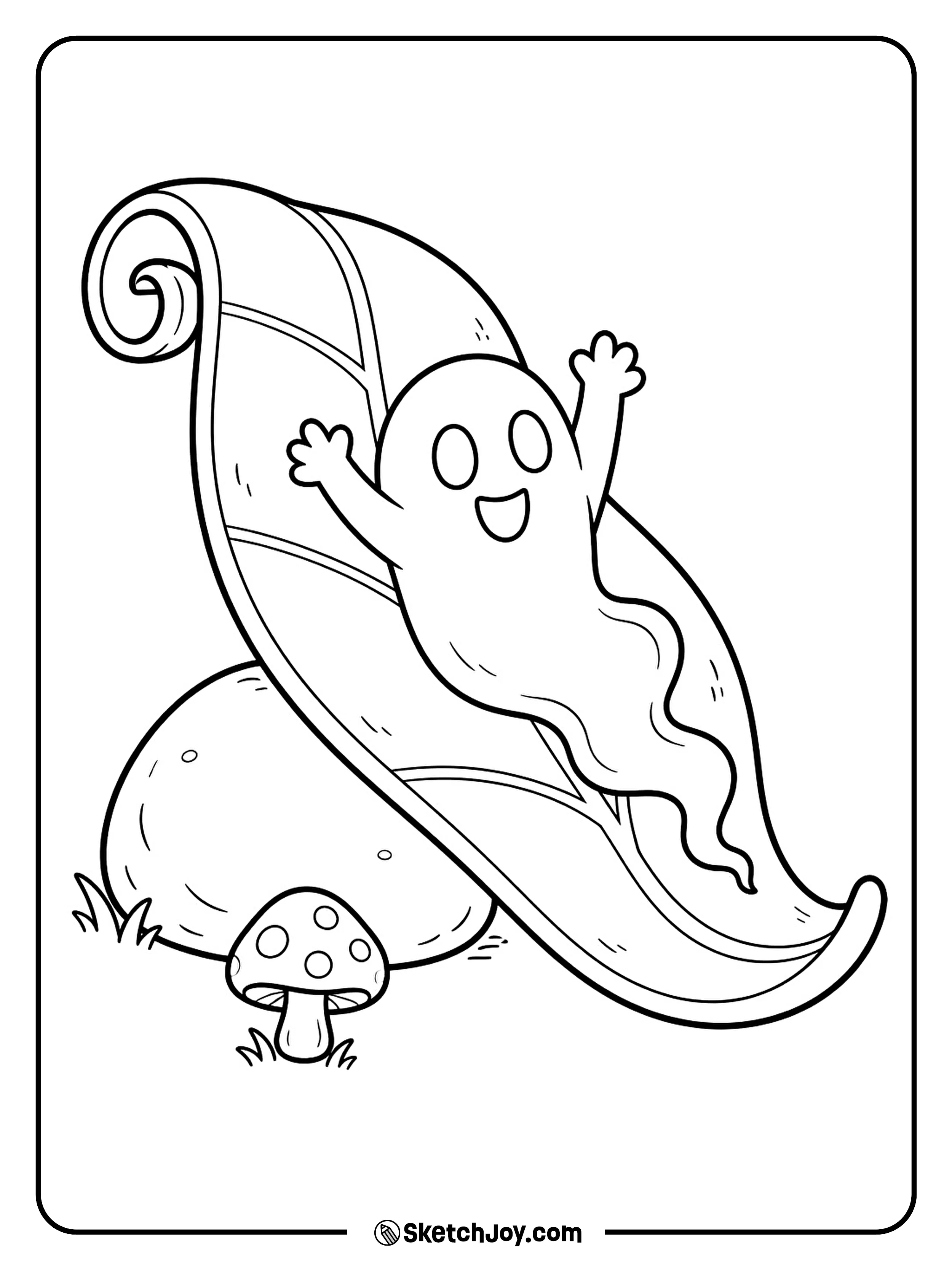 A smiling ghost slides down a giant leaf with its arms raised.