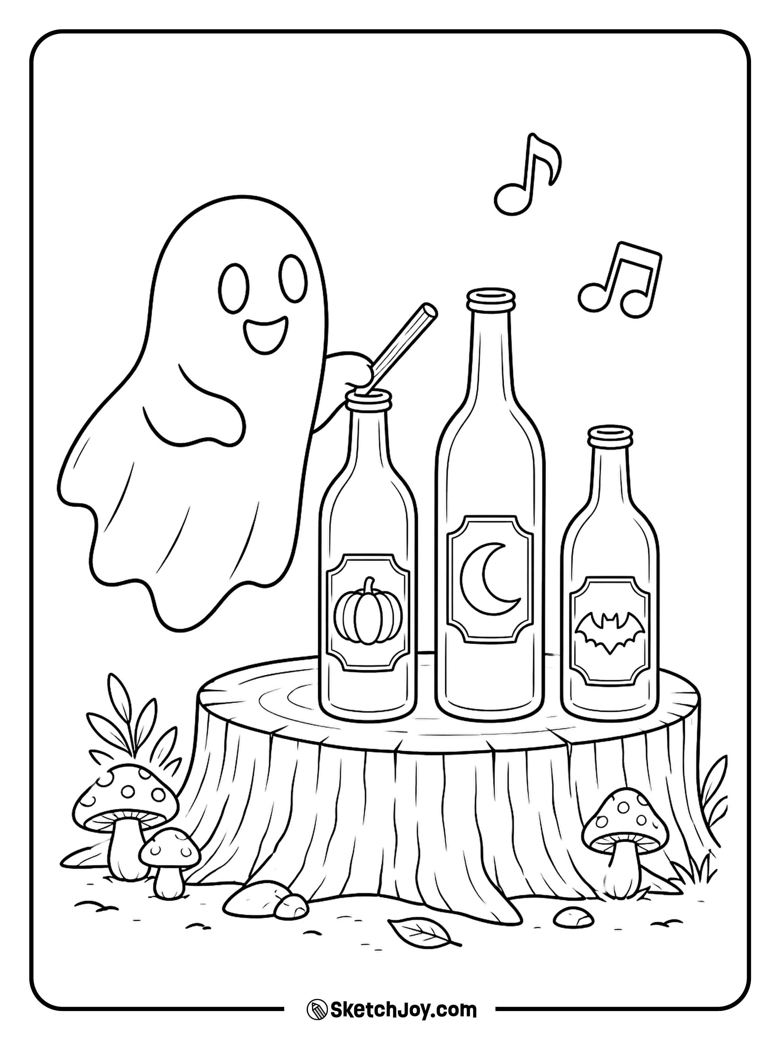 A ghost taps three glass bottles to play a Halloween tune.