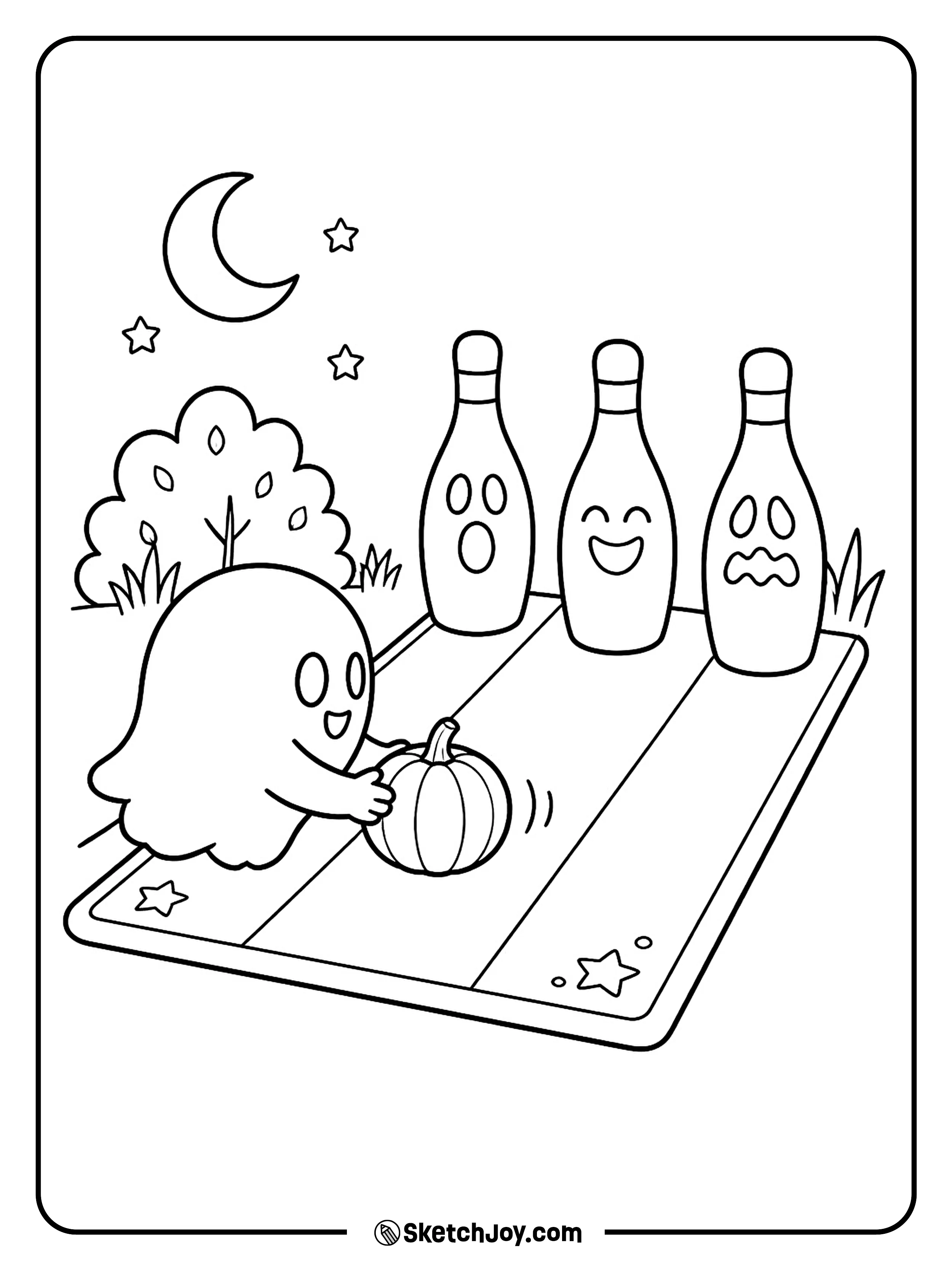 A ghost rolls a pumpkin toward three funny bowling pins.