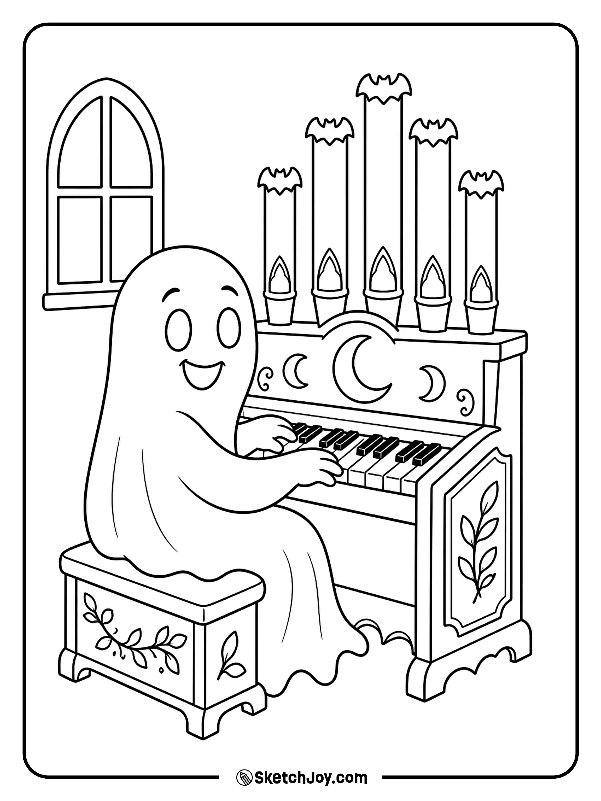 A ghost plays a small organ with moon and bat shapes on its pipes.