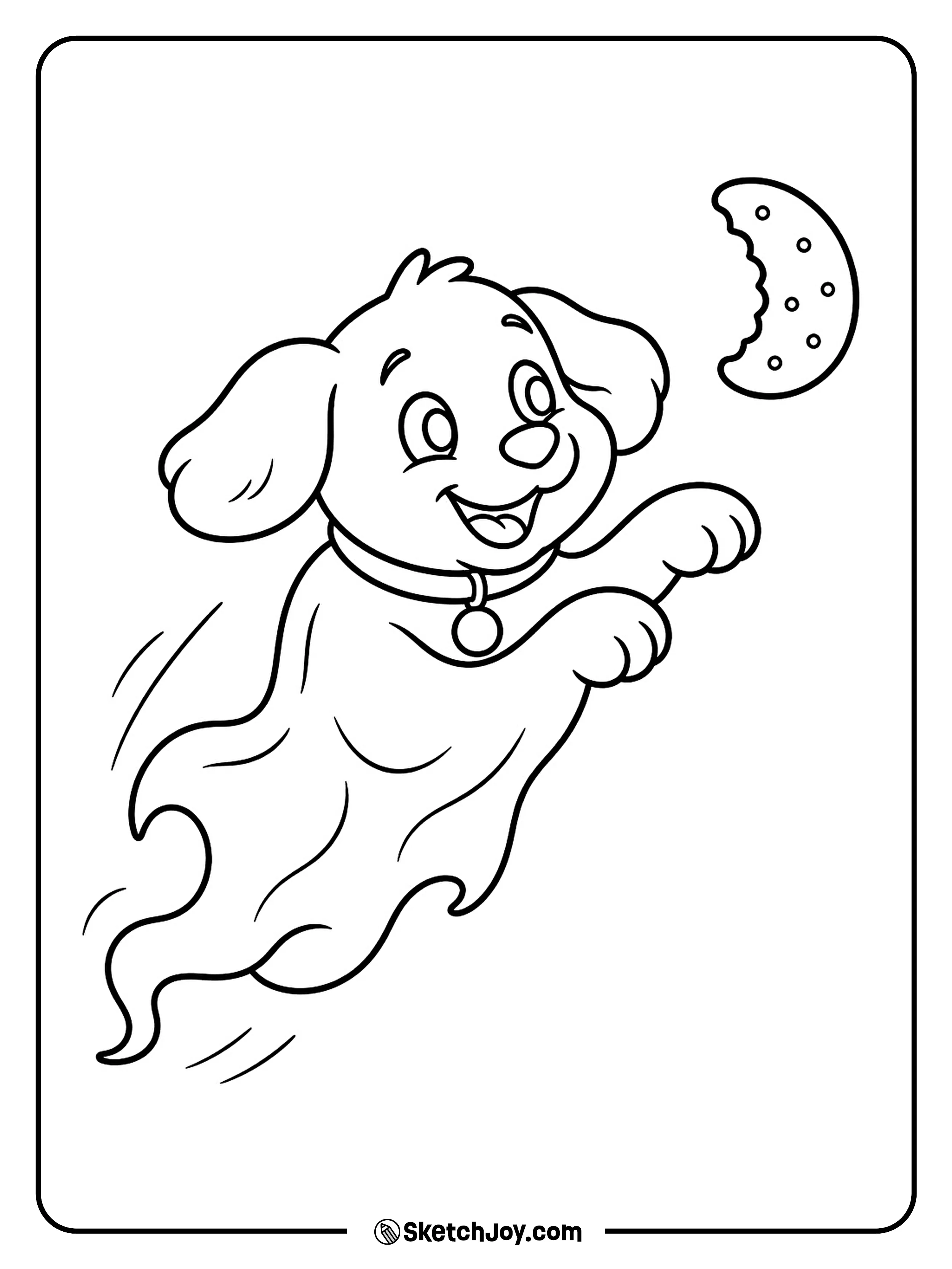 A playful ghost puppy reaches for a biscuit shaped like a crescent moon.