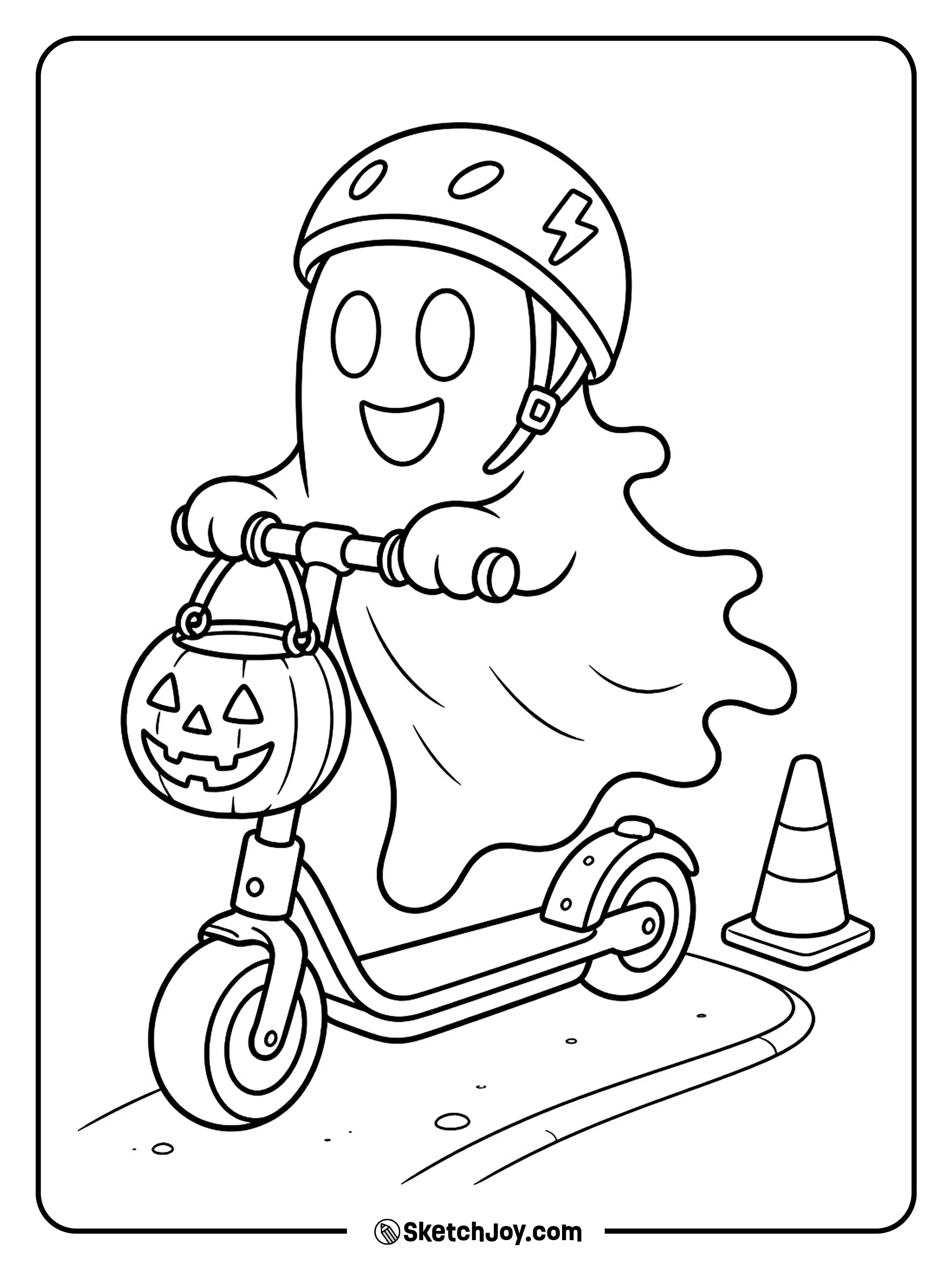 A ghost rides a scooter with a pumpkin basket on the front.