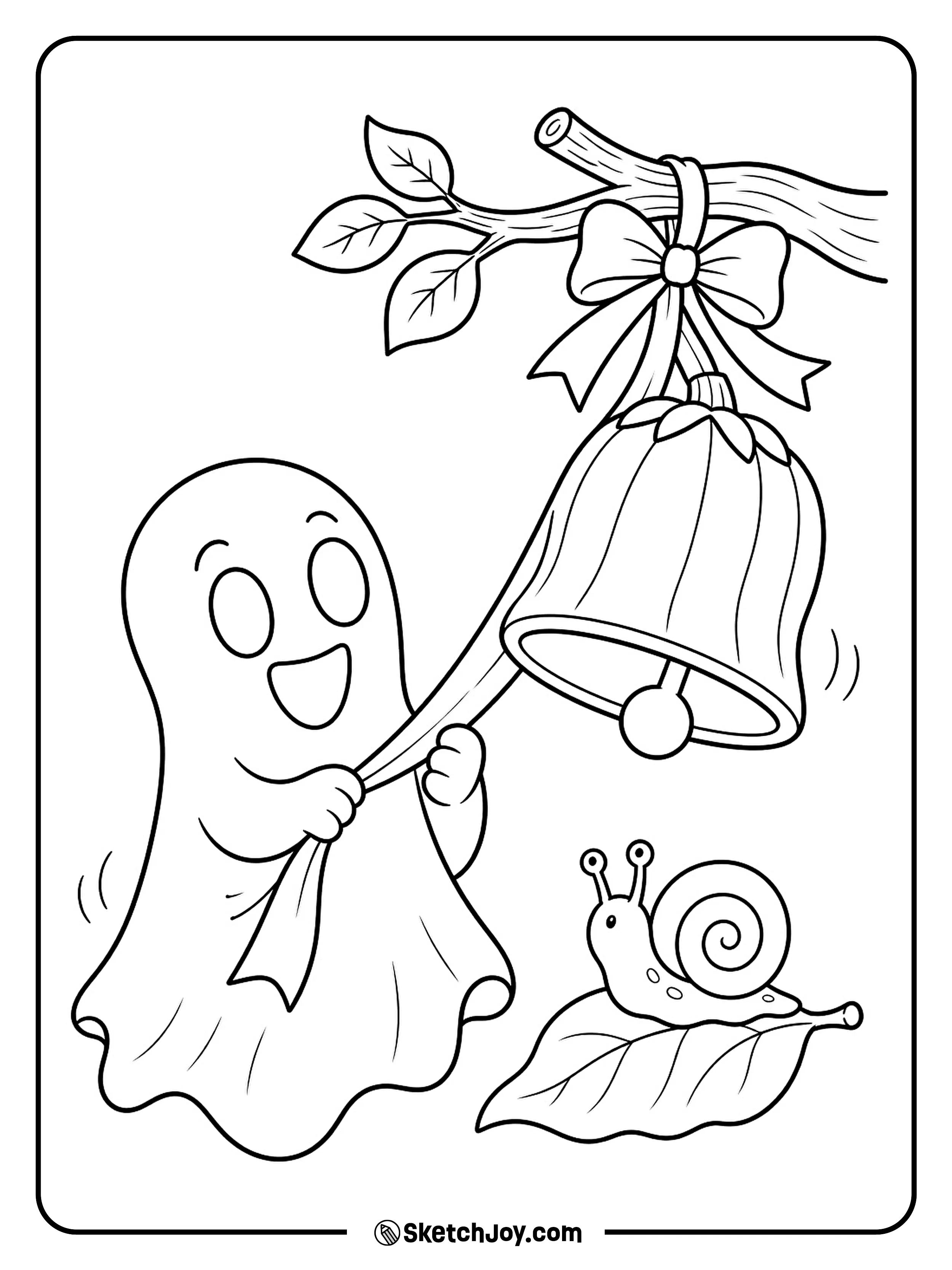 A ghost pulls a ribbon to ring a hanging pumpkin bell.