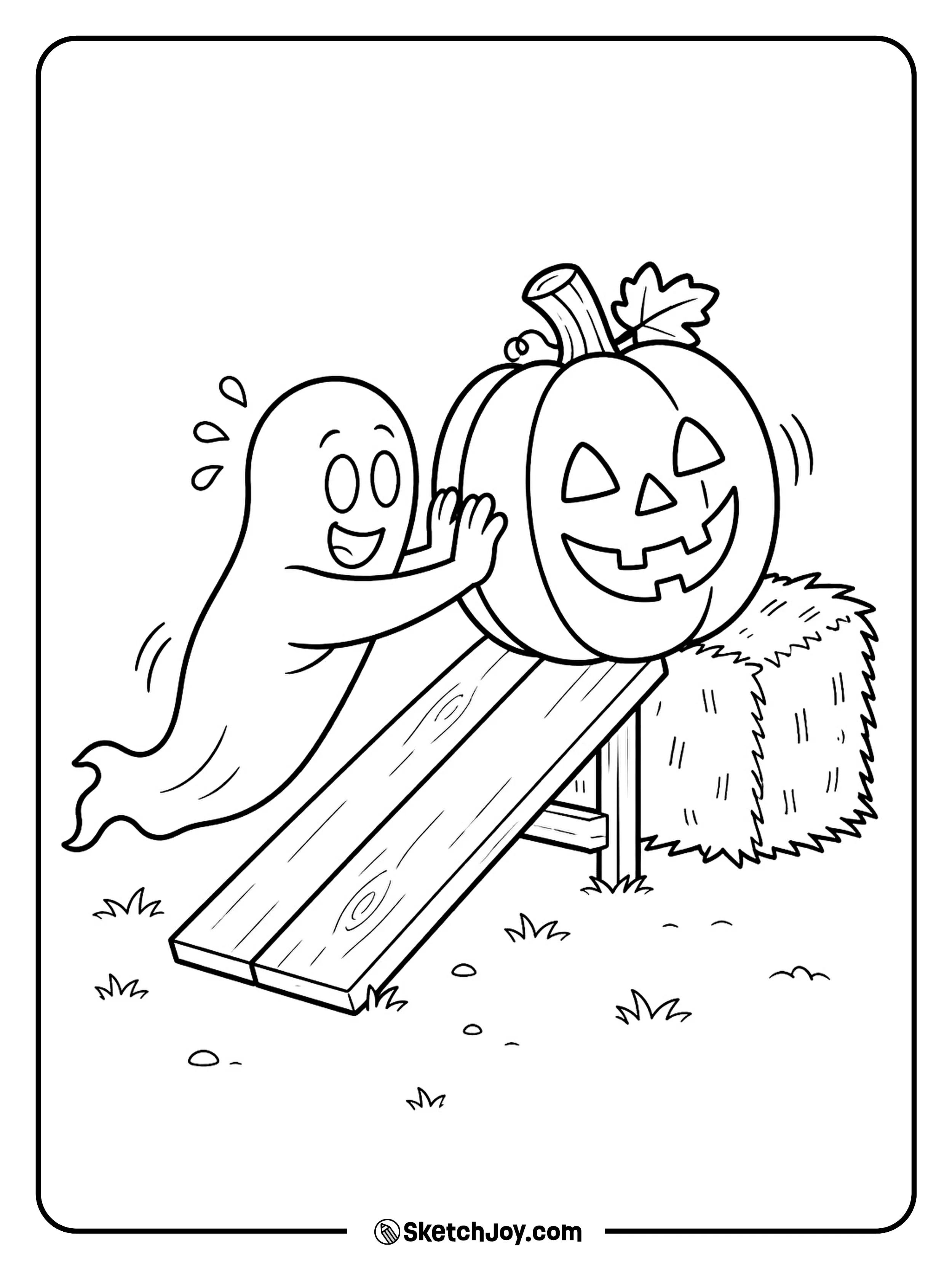 A determined ghost rolls a smiling pumpkin up a short wooden ramp.